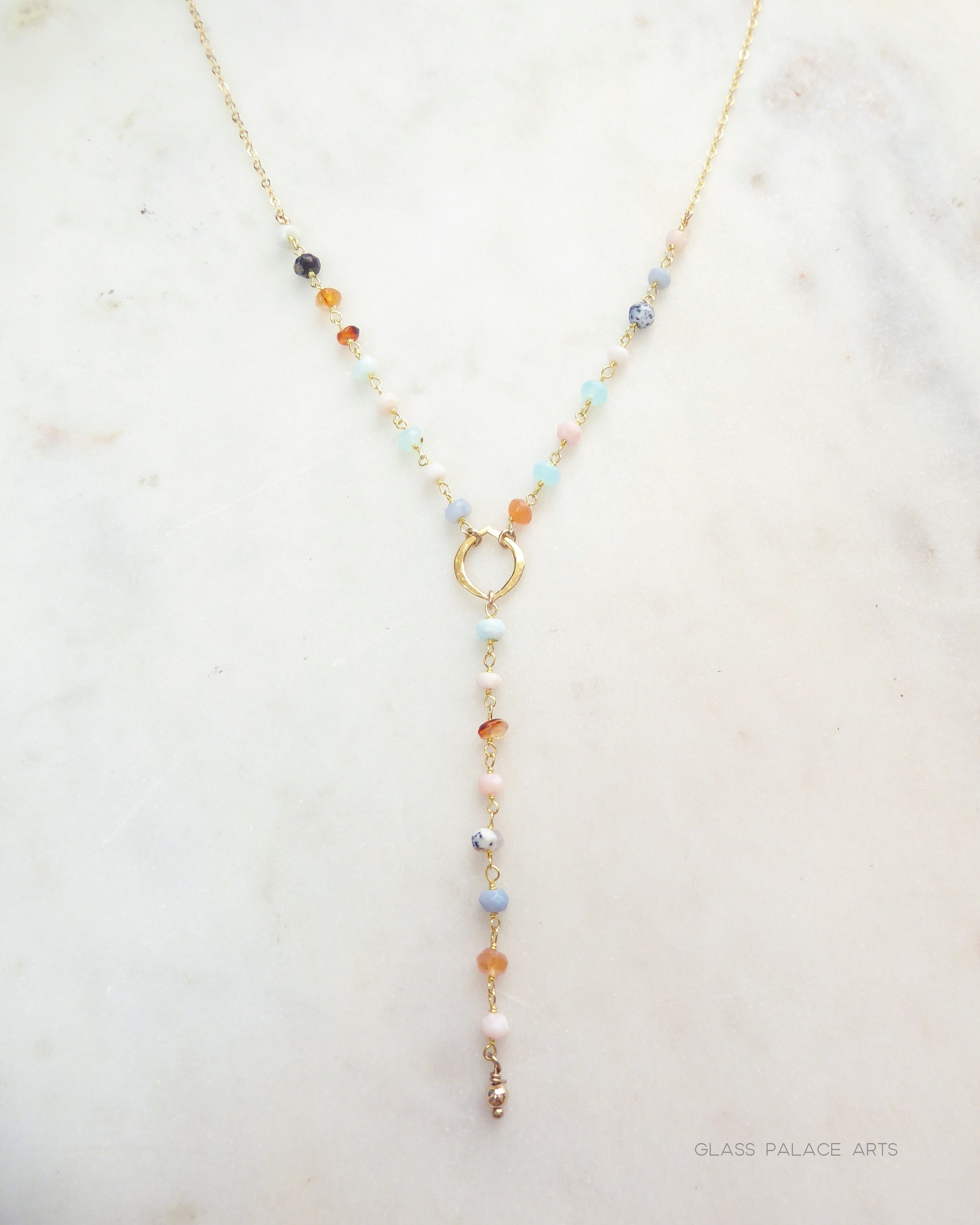 Peruvian Opal Necklace With Pendant, Beaded Multi Color Gemstone Opal Lariat Necklace For Women