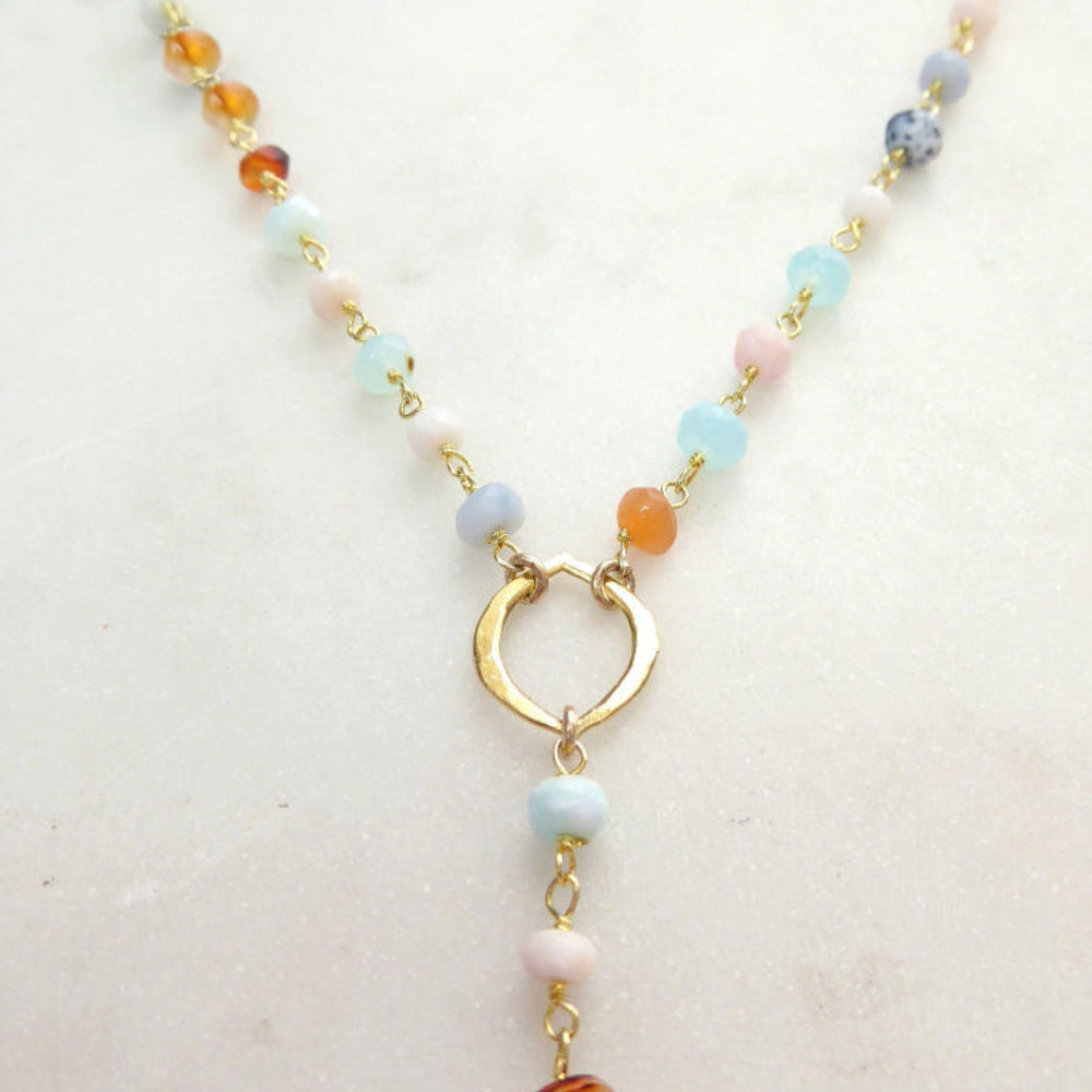 Peruvian Opal Necklace With Pendant, Beaded Multi Color Gemstone Opal Lariat Necklace For Women
