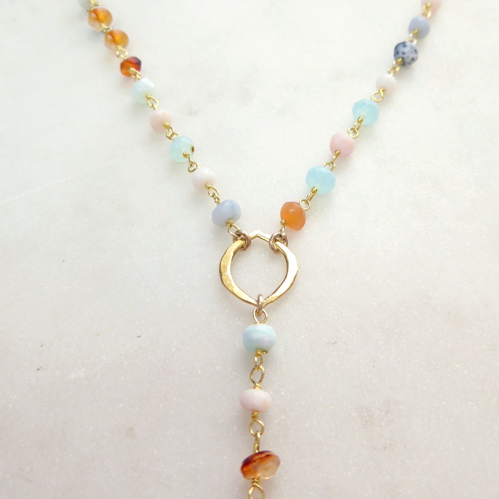 Peruvian Opal Necklace With Pendant, Beaded Multi Color Gemstone Opal Lariat Necklace For Women