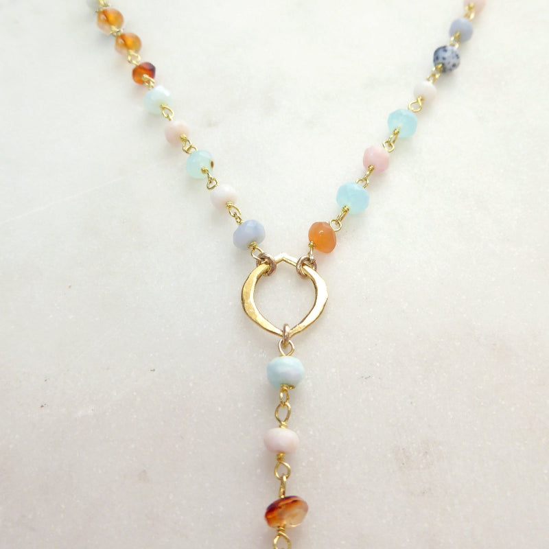 Peruvian Opal Necklace With Pendant, Beaded Multi Color Gemstone Opal Lariat Necklace For Women