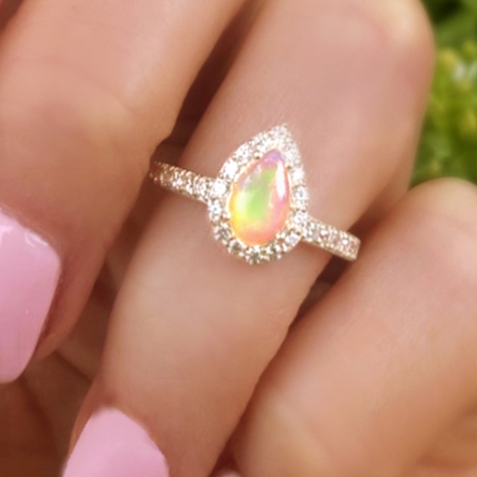 Fire Opal Halo Ring With White Topaz - 925 Sterling Silver Small Pear Shape Ring
