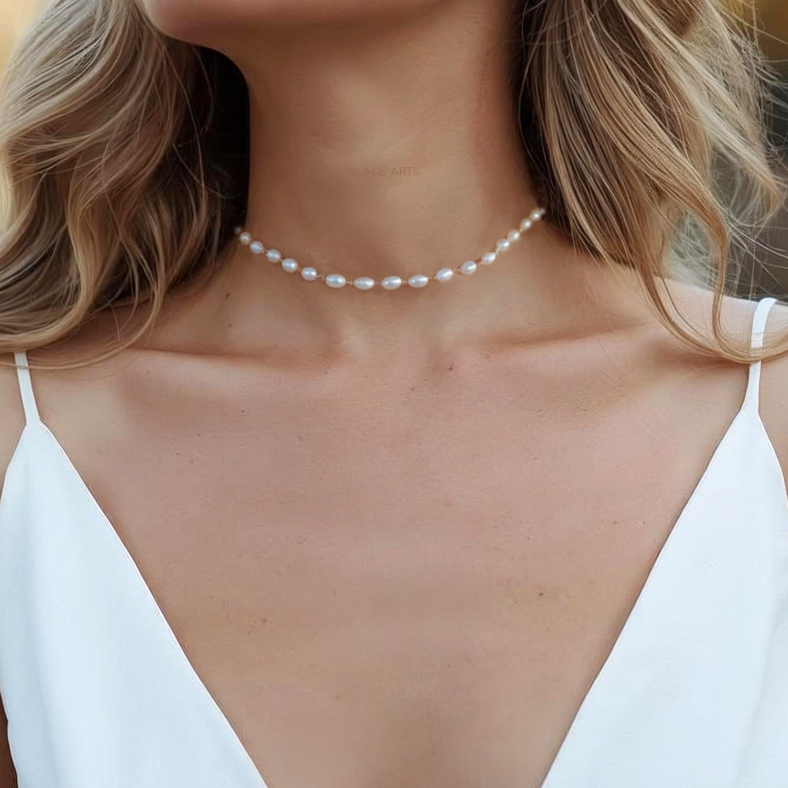 Dainty Freshwater Pearl Choker - Beaded 14k Gold Fill Chain Bridal Necklace