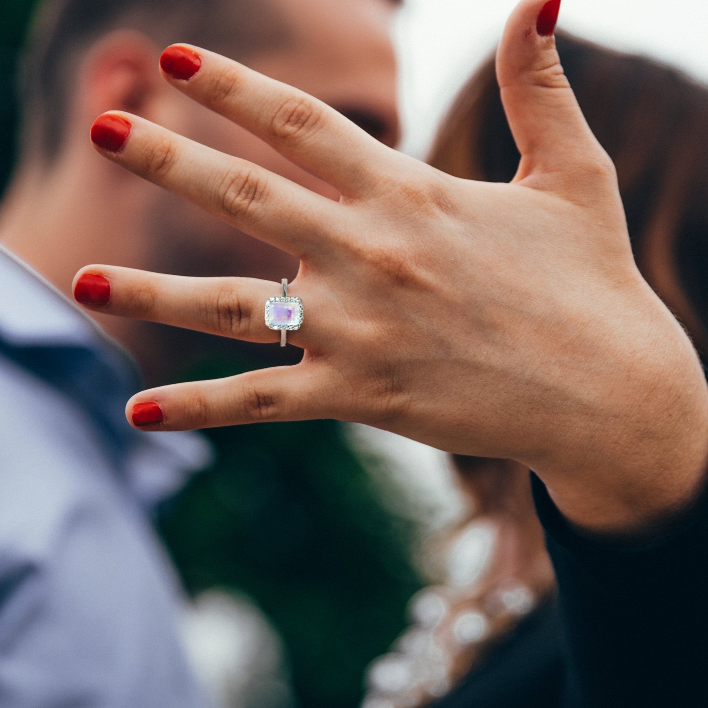 Moonstone And White Topaz Radiant Cut Engagement Ring 925 Sterling Silver