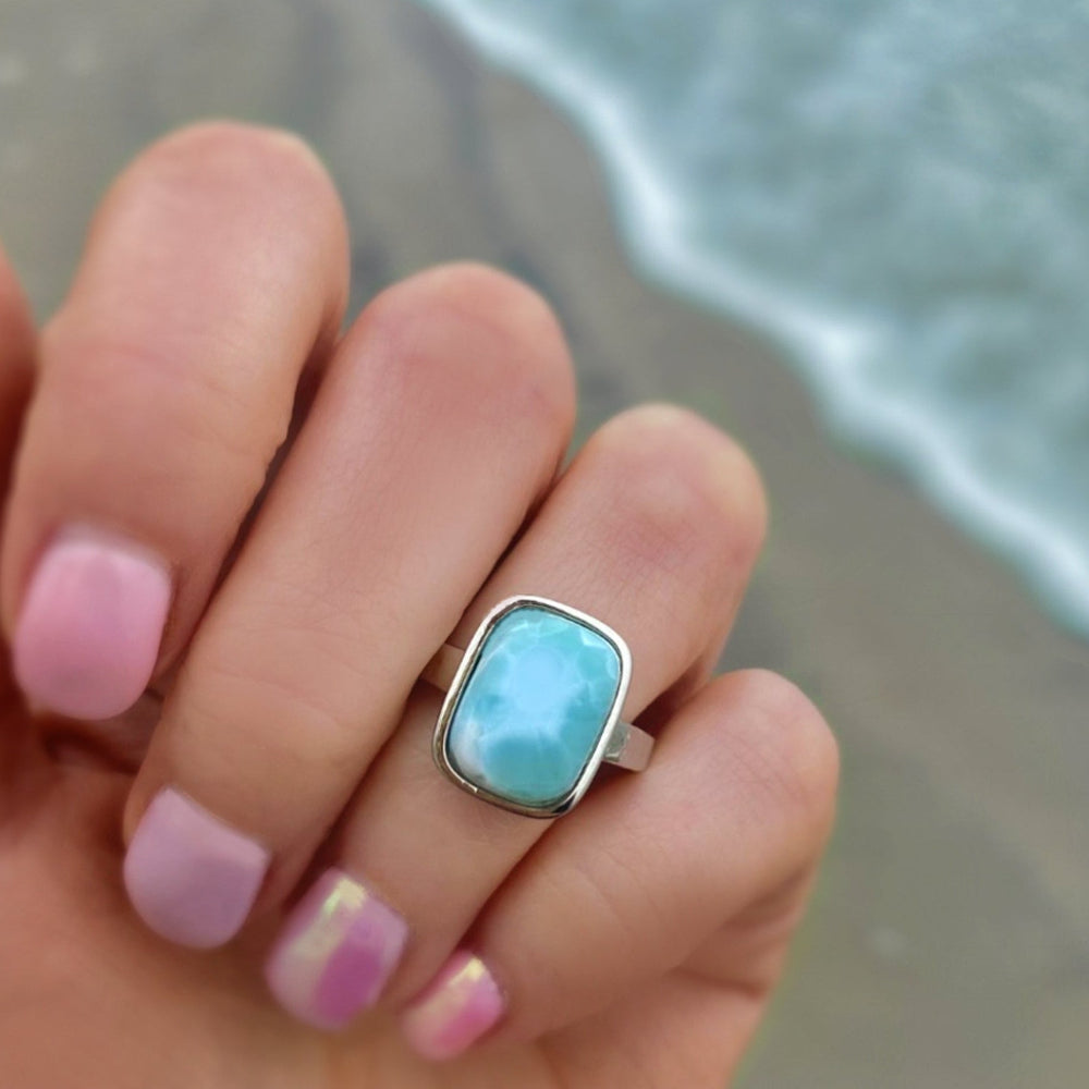 Larimar Ring For Women With Hammered Sterling Silver Band - Caribbean Statement Ring