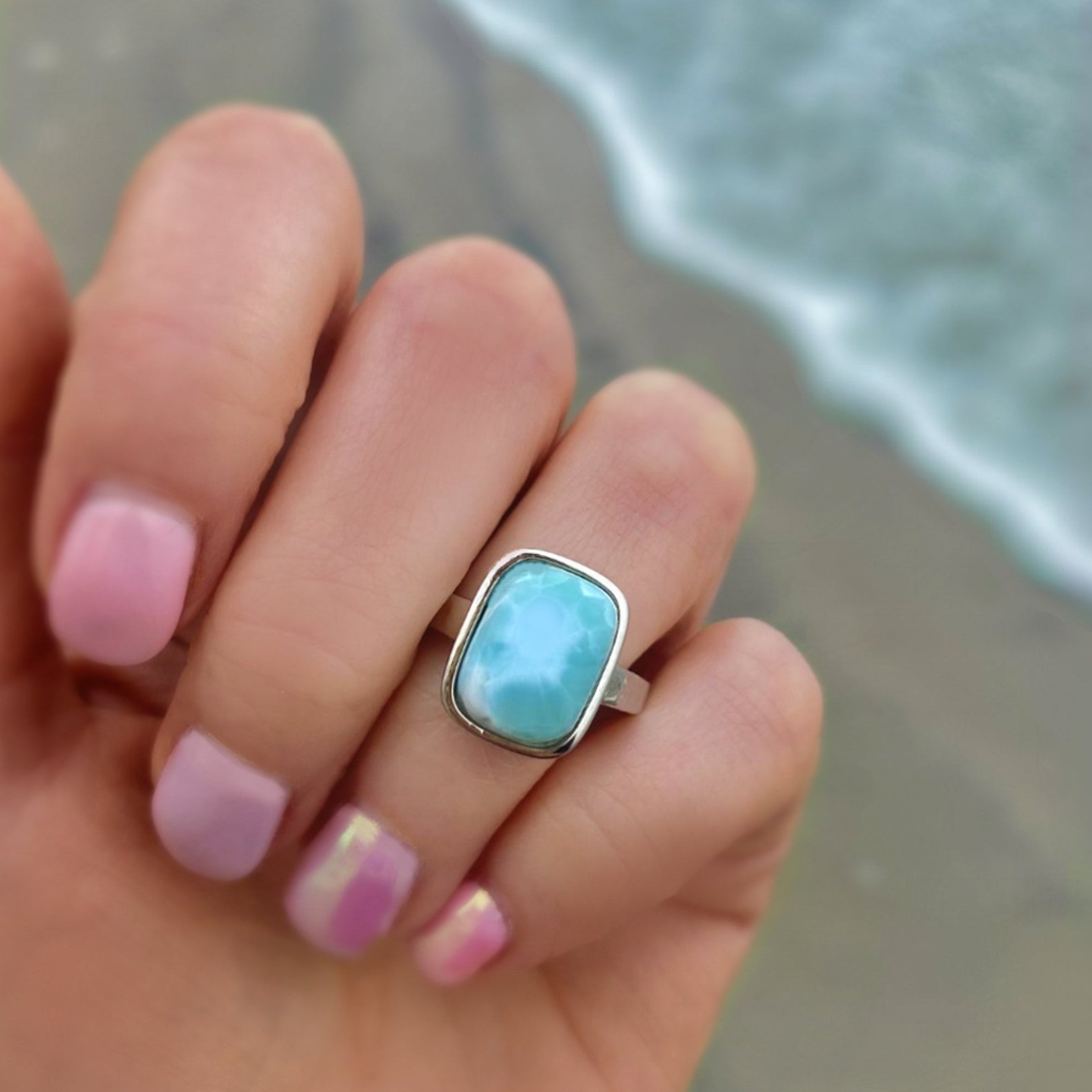 Larimar Ring For Women With Hammered Sterling Silver Band - Caribbean Statement Ring