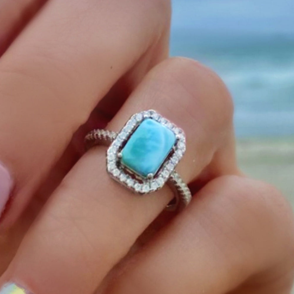 Sterling Silver Larimar Ring For Women - Radiant Cut With Cubic Zirconia