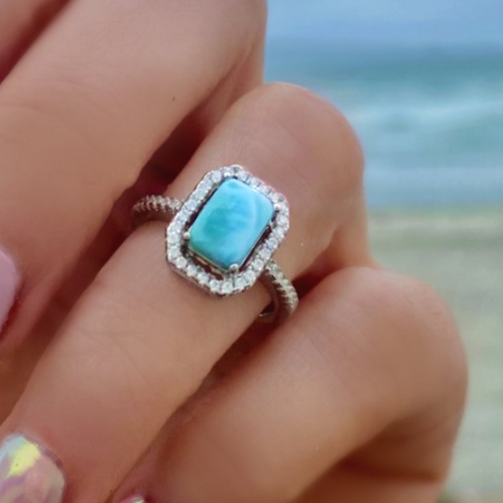 Sterling Silver Larimar Ring For Women - Radiant Cut With Cubic Zirconia