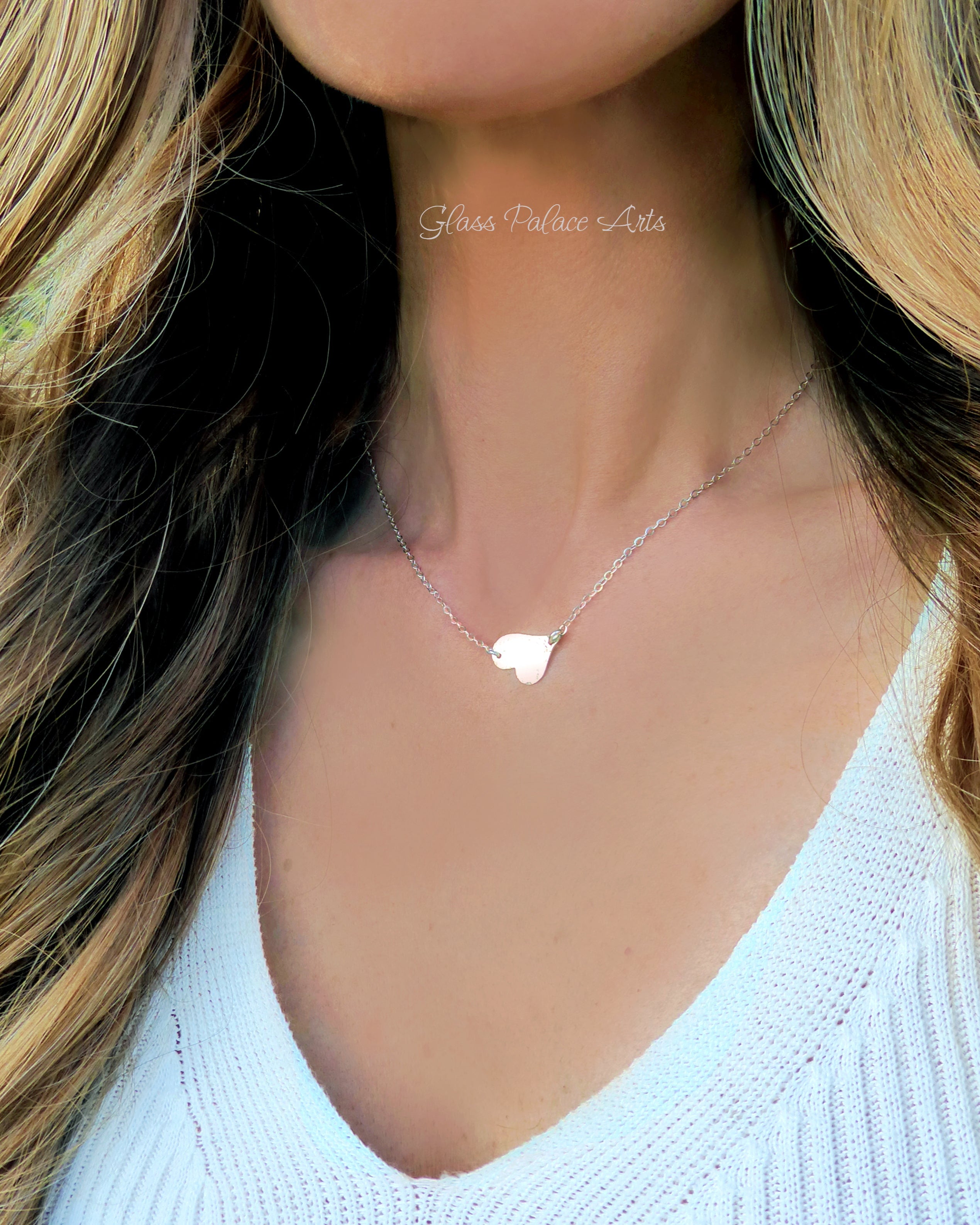 Sideways Hammered Heart Necklace For Women