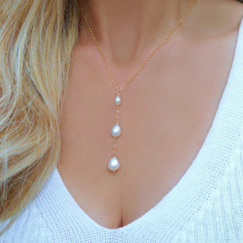 Freshwater Pearl Teardrop Necklace, Three Dainty Pearl Lariat Necklace For Women