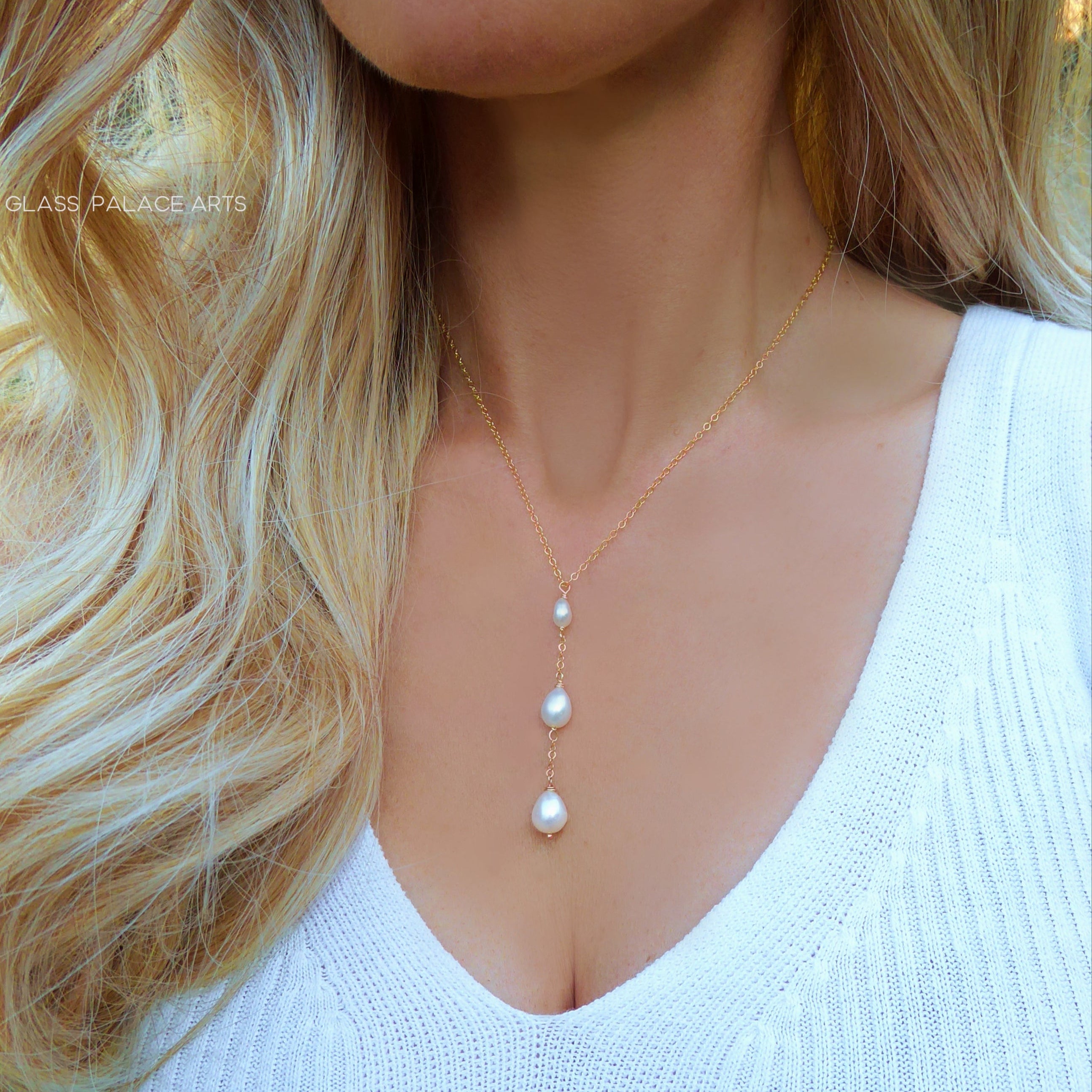 Freshwater Pearl Teardrop Necklace, Three Dainty Pearl Lariat Necklace For Women