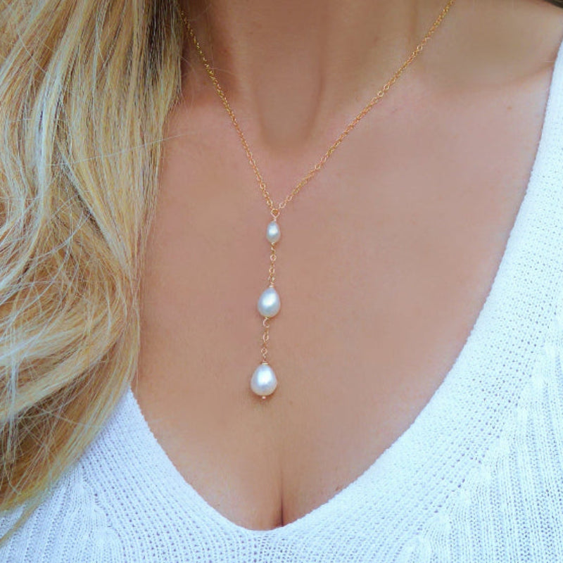 Freshwater Pearl Teardrop Necklace, Three Dainty Pearl Lariat Necklace For Women