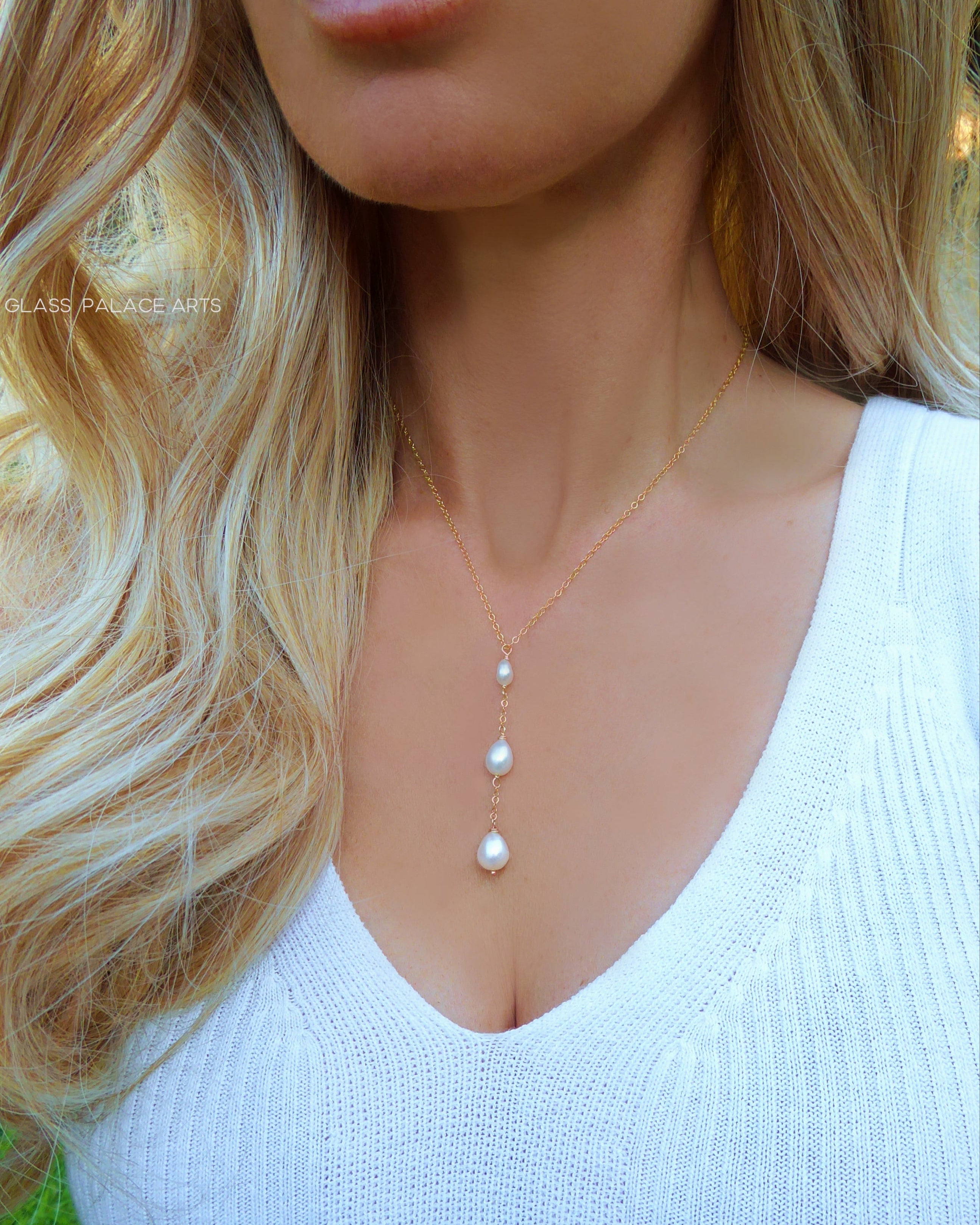 Freshwater Pearl Teardrop Necklace, Three Dainty Pearl Lariat Necklace For Women