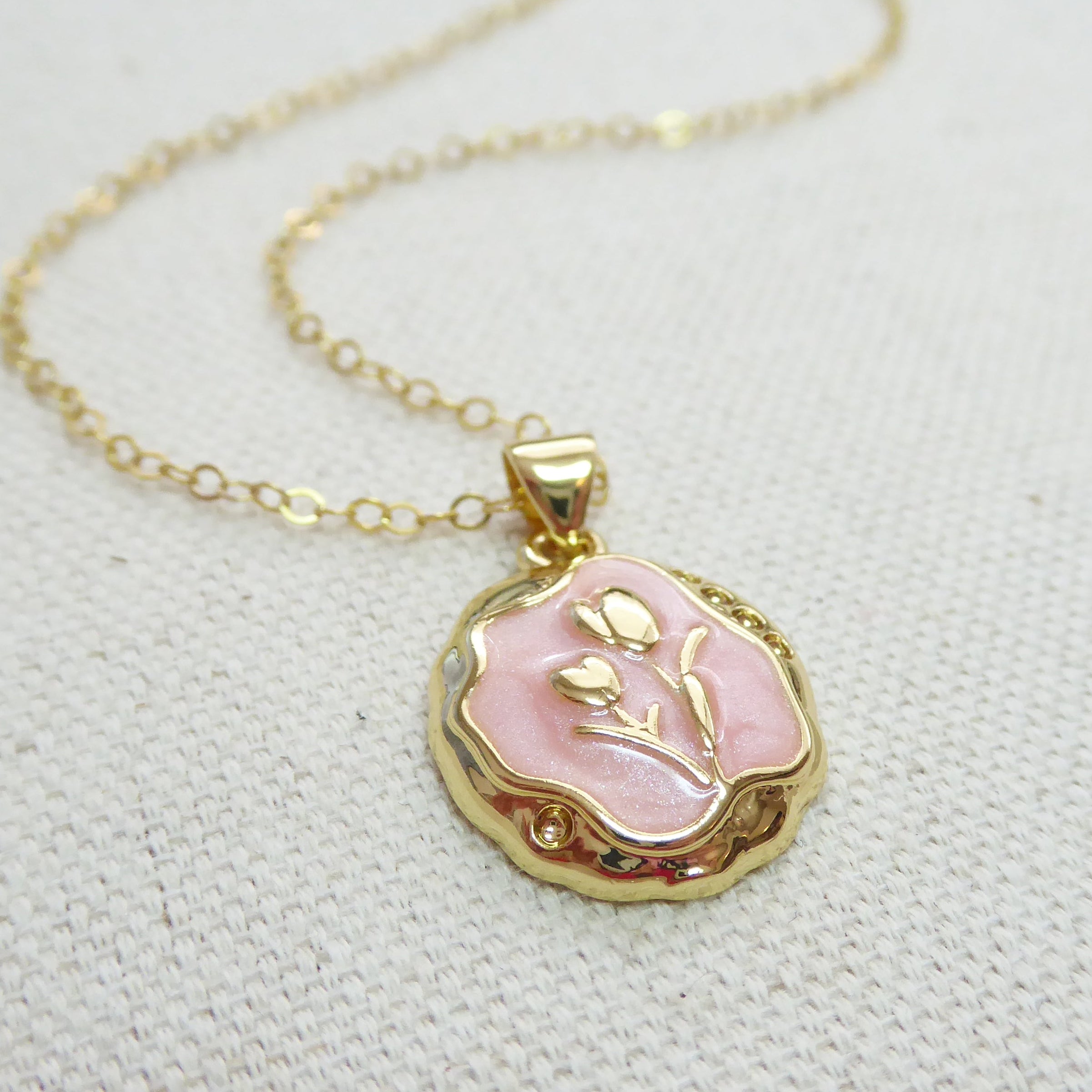 Floral Charm Pendant Necklace - Romantic Dainty Pink Tulip Pendant