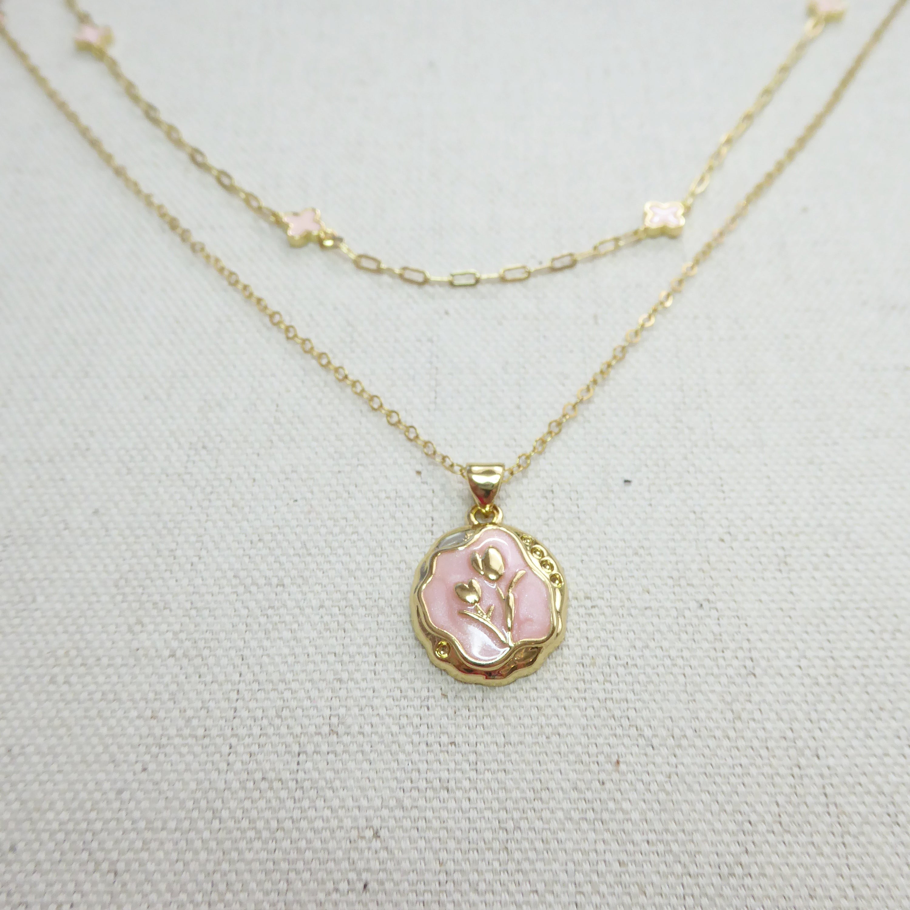 Floral Charm Pendant Necklace - Romantic Dainty Pink Tulip Pendant