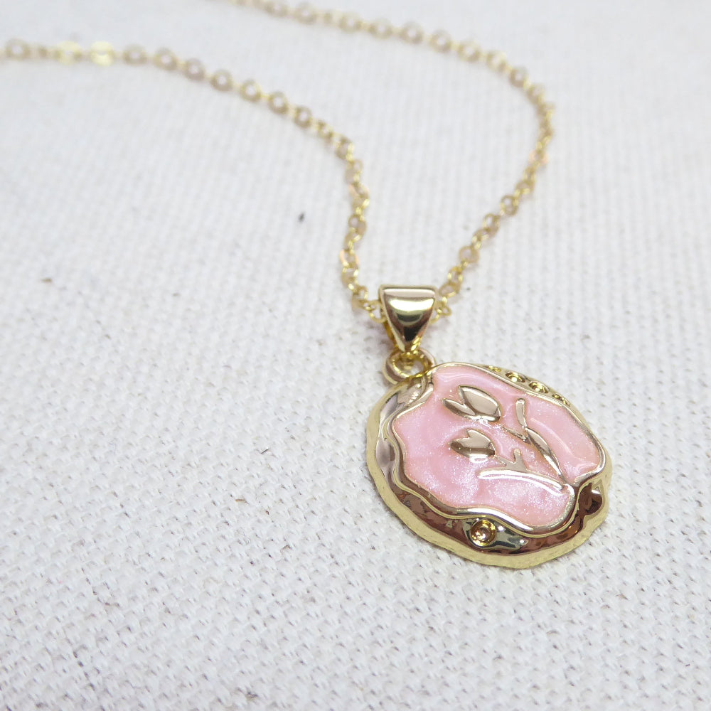 Floral Charm Pendant Necklace - Romantic Dainty Pink Tulip Pendant