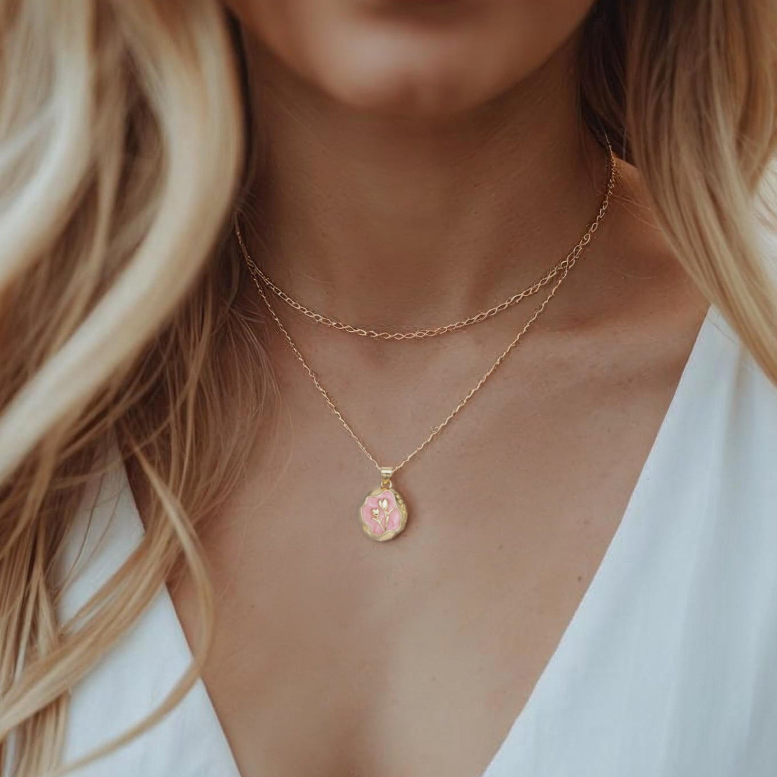 Floral Charm Pendant Necklace - Romantic Dainty Pink Tulip Pendant