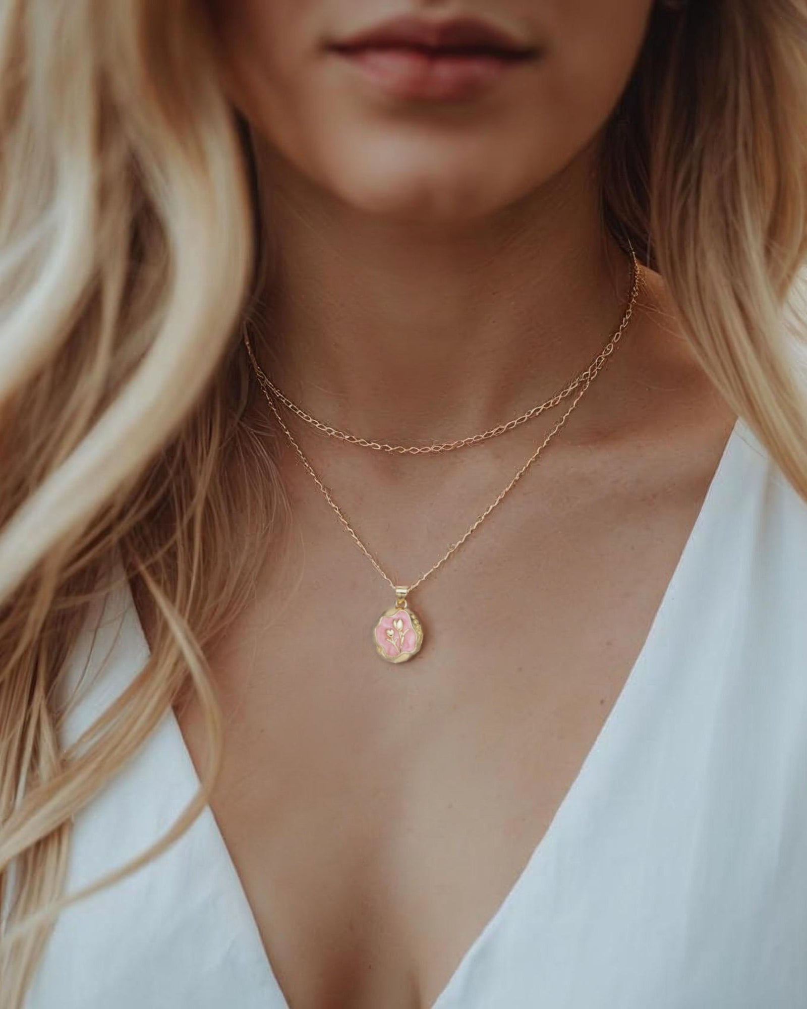 Floral Charm Pendant Necklace - Romantic Dainty Pink Tulip Pendant