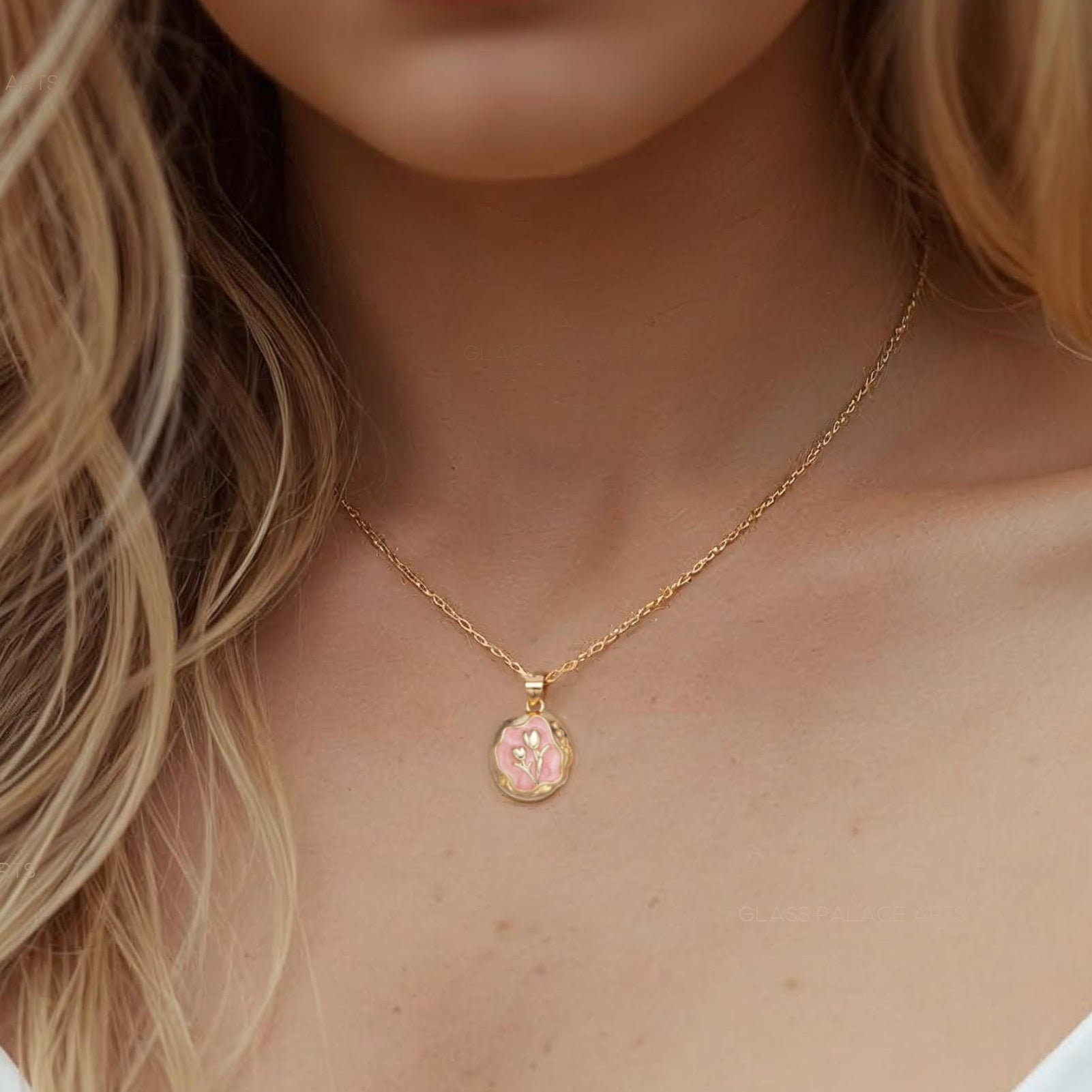 Floral Charm Pendant Necklace - Romantic Dainty Pink Tulip Pendant