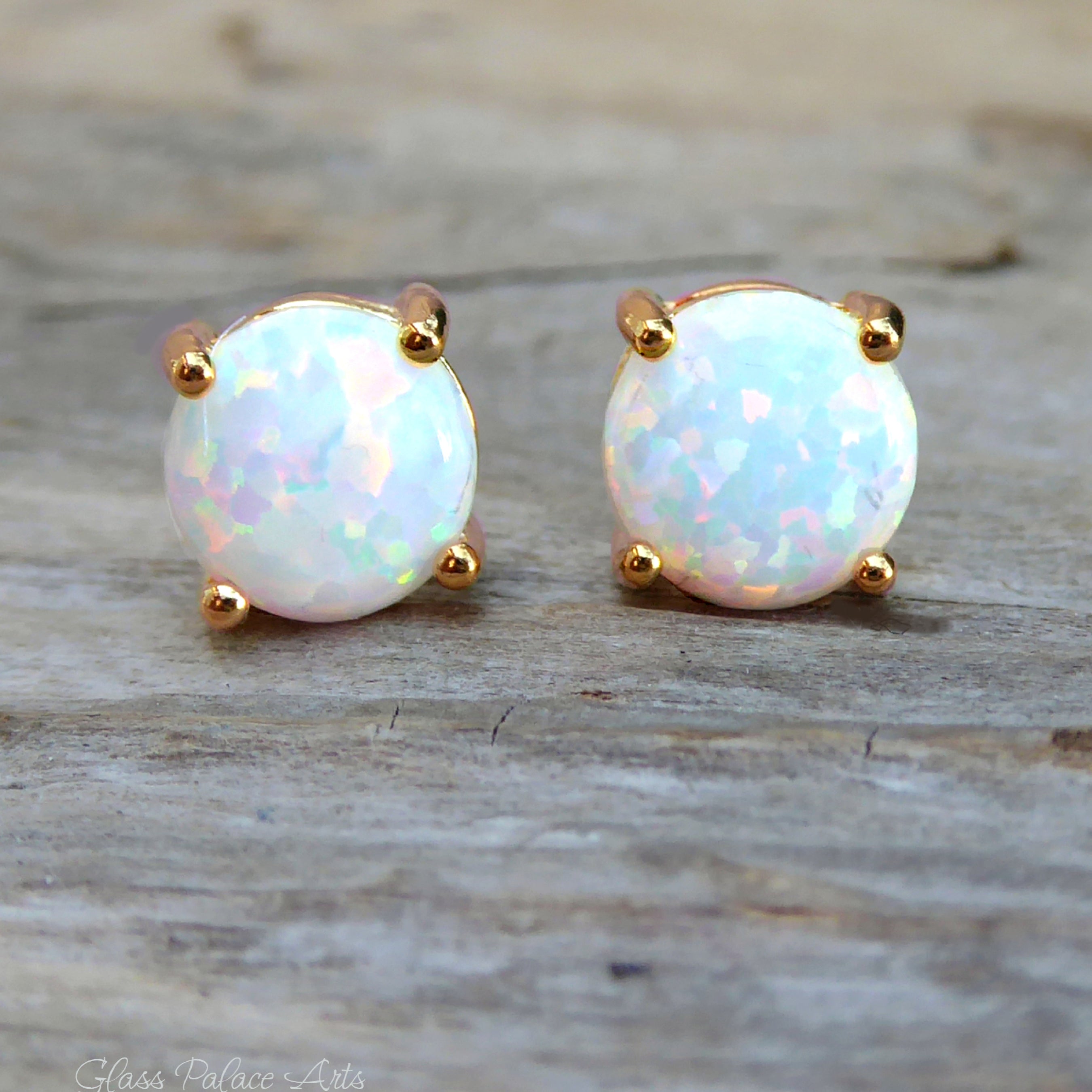 White Fire Opal Stud Earrings For Women