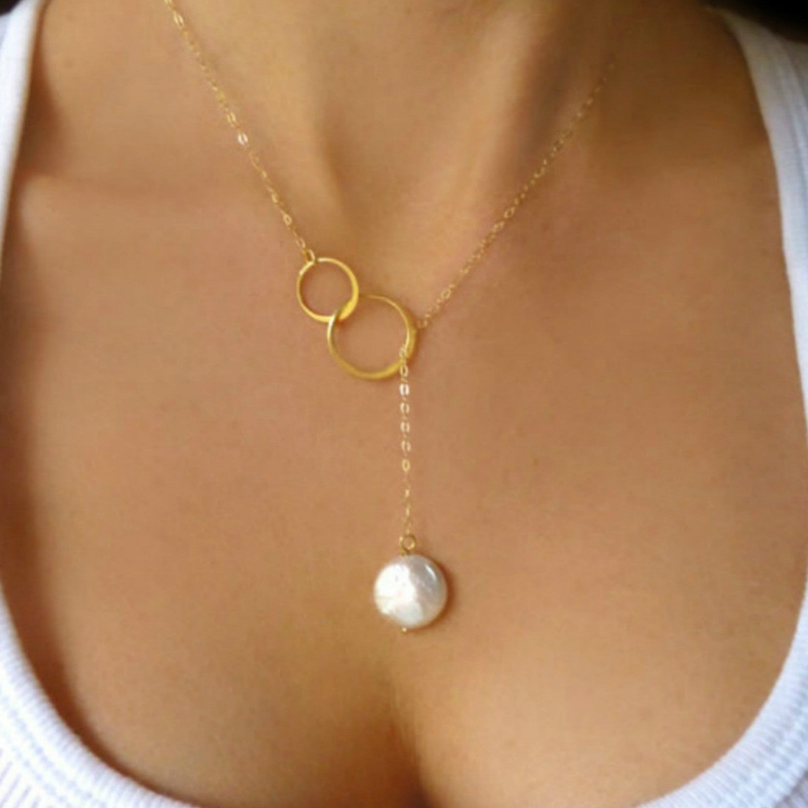 Freshwater Pearl Lariat Necklace With Infinity Circles