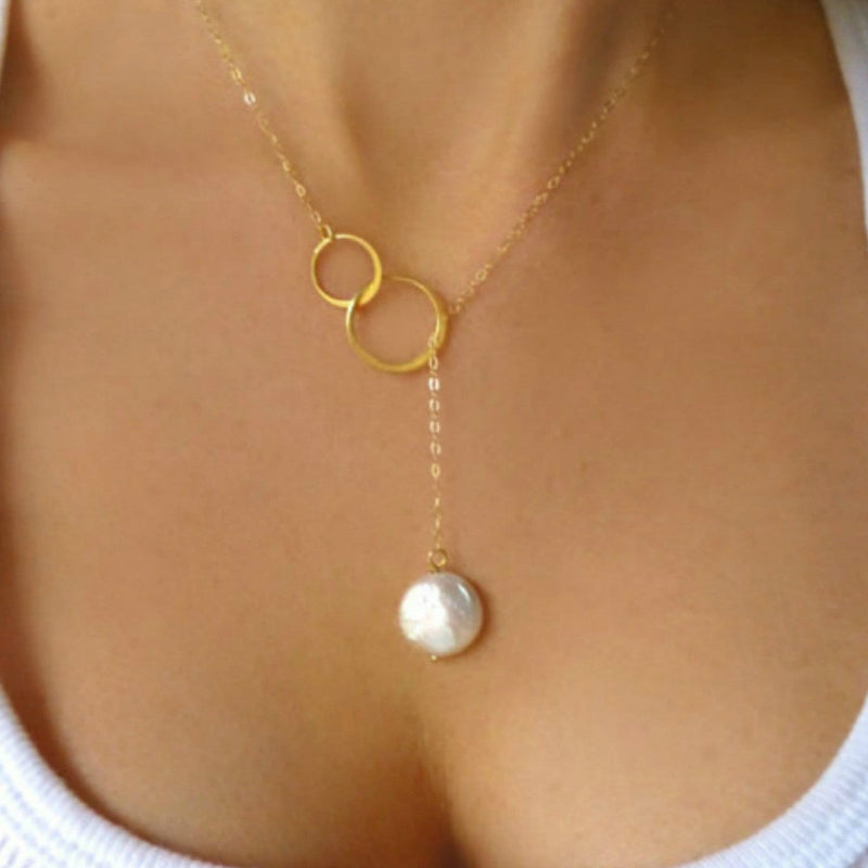Freshwater Pearl Lariat Necklace With Infinity Circles