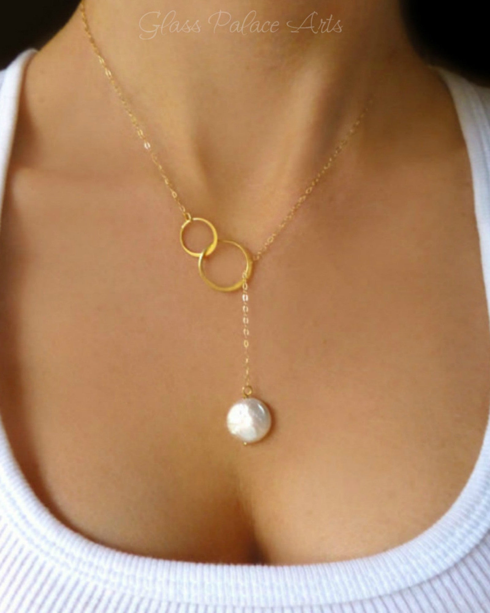Freshwater Pearl Lariat Necklace With Infinity Circles