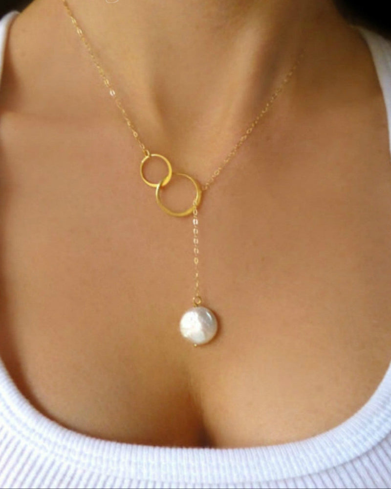 Freshwater Pearl Lariat Necklace With Infinity Circles