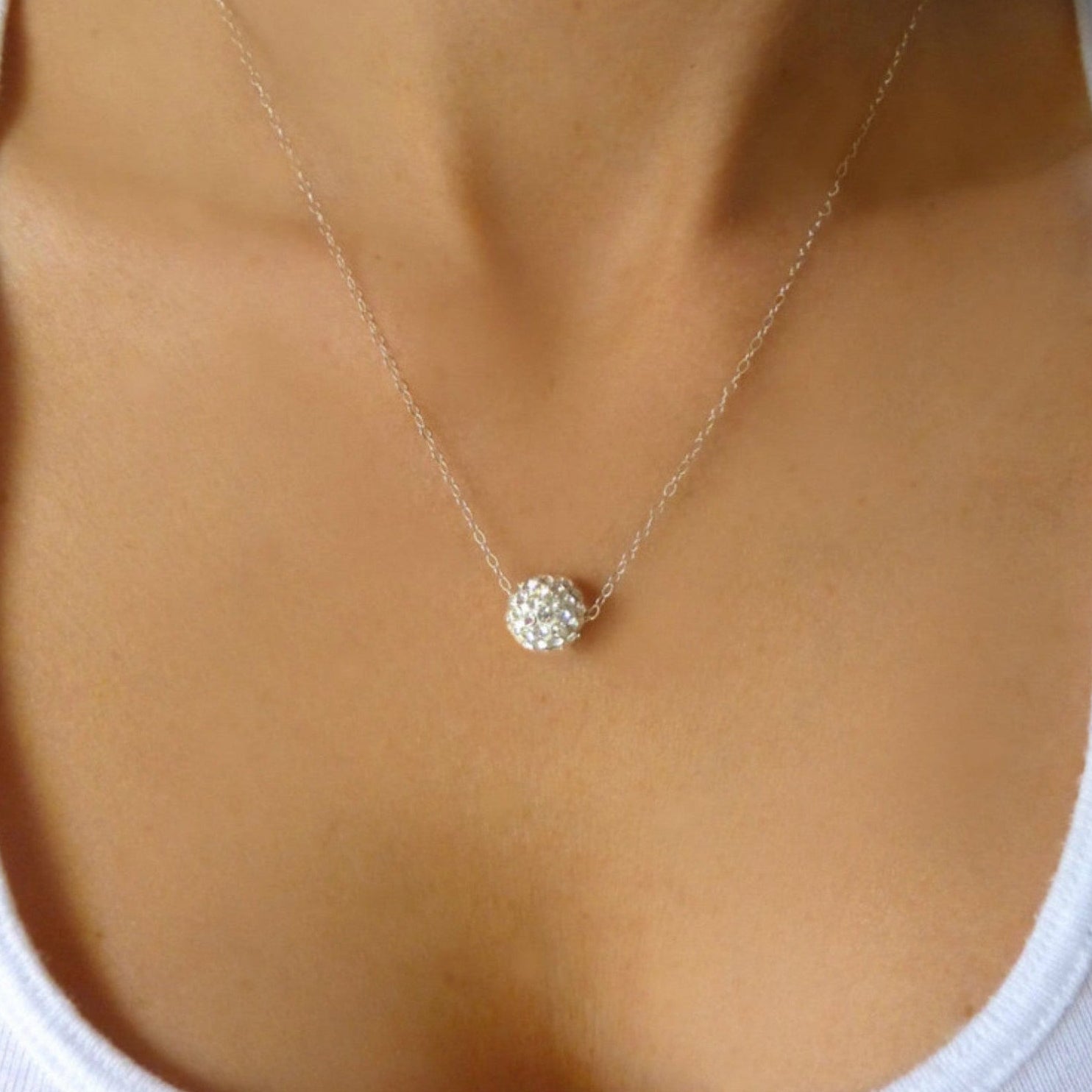 Pave' Dainty Disco Ball Necklace For Women - Sterling Silver