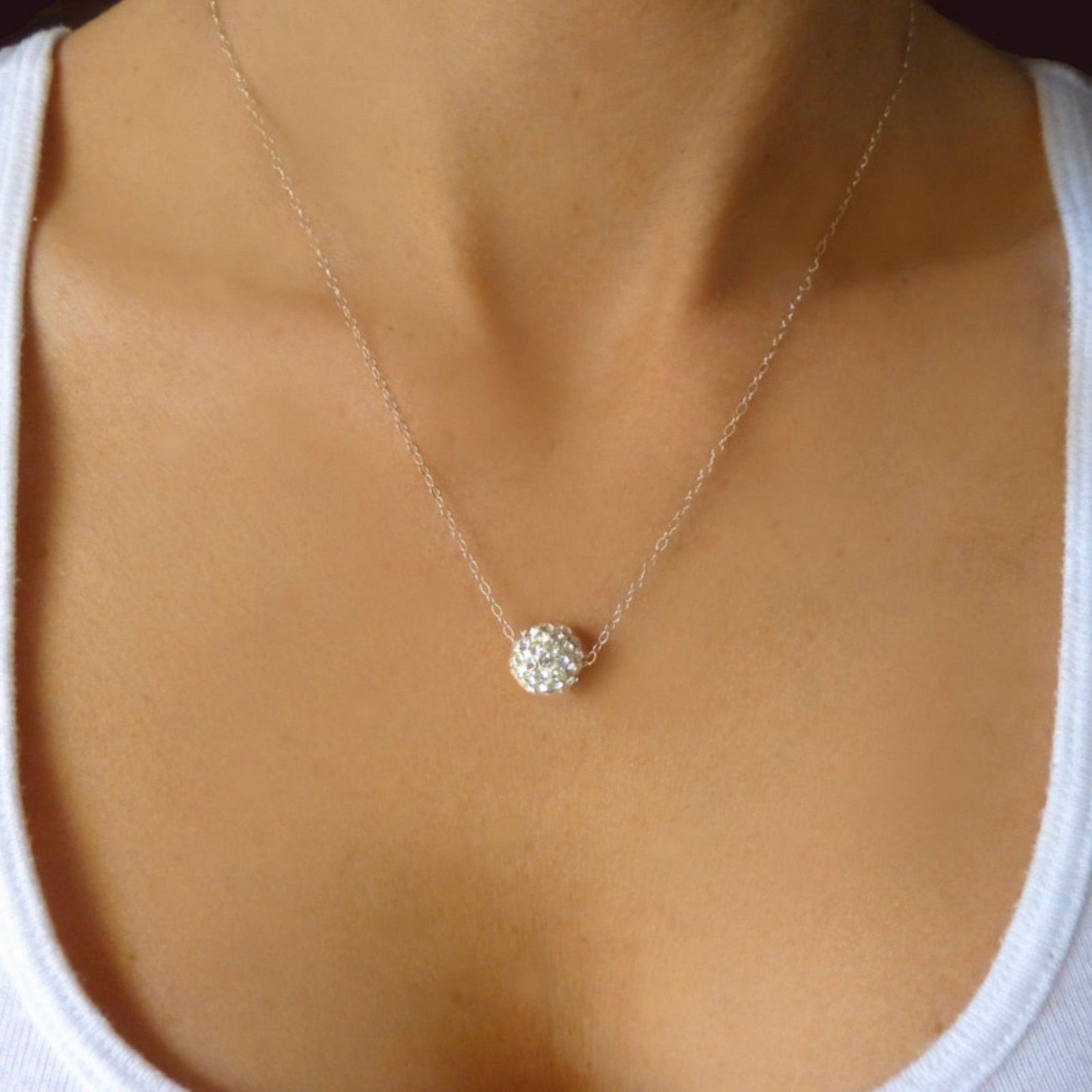 Pave' Dainty Disco Ball Necklace For Women - Sterling Silver