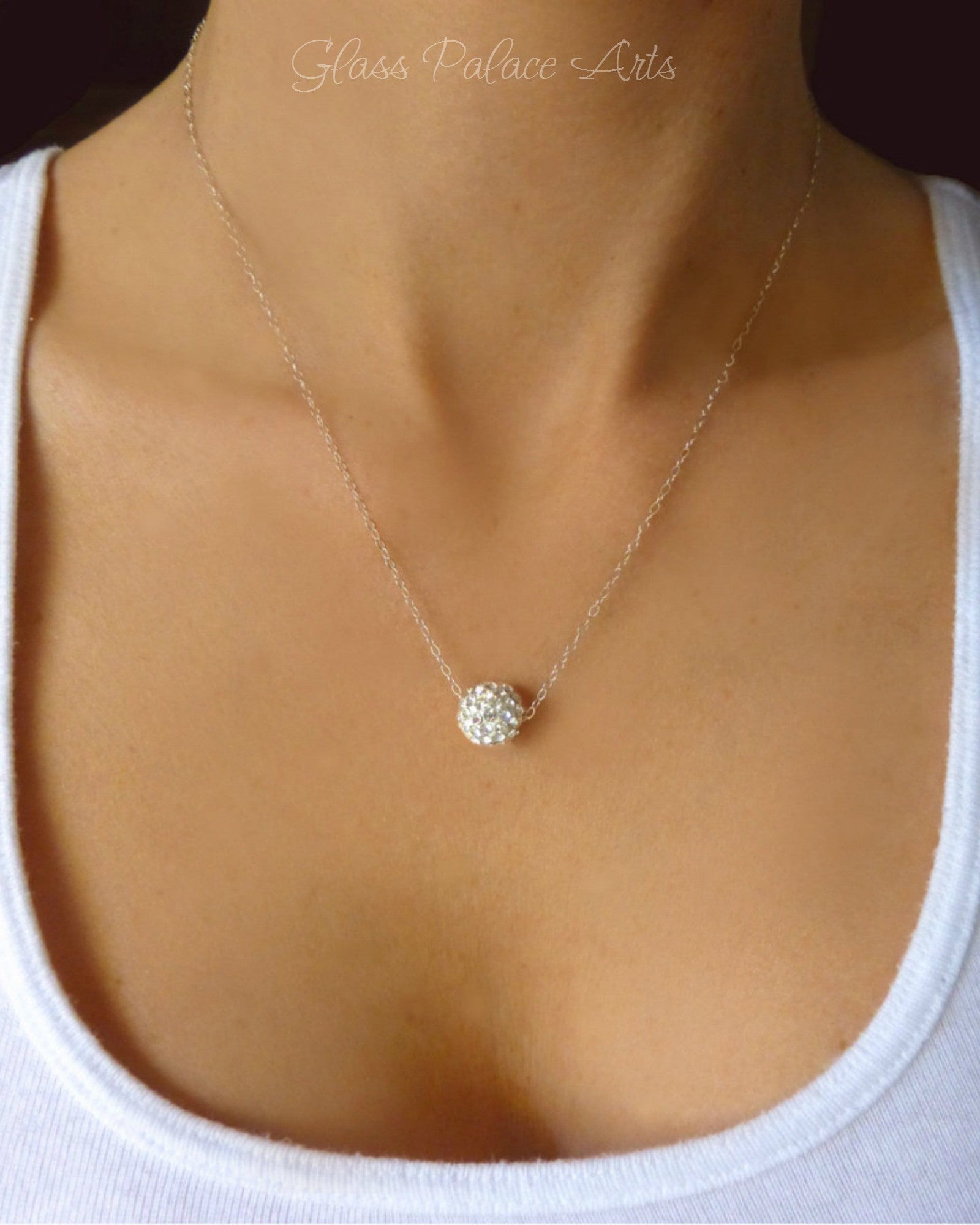 Pave' Dainty Disco Ball Necklace For Women - Sterling Silver