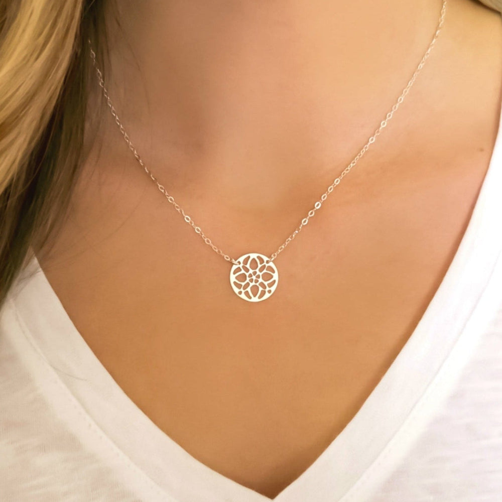 Sterling Silver Medallion Pendant Necklace For Women With Circle Filigree Pattern