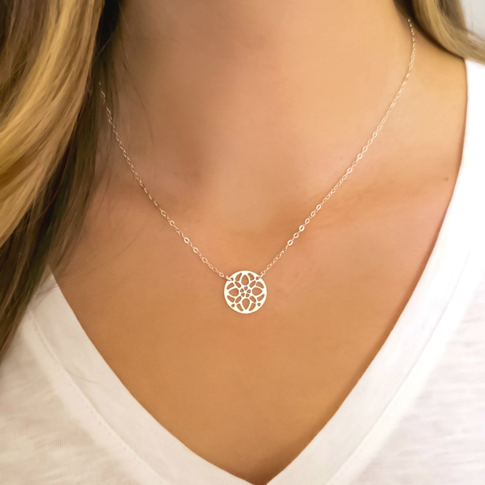 Sterling Silver Medallion Pendant Necklace For Women With Circle Filigree Pattern