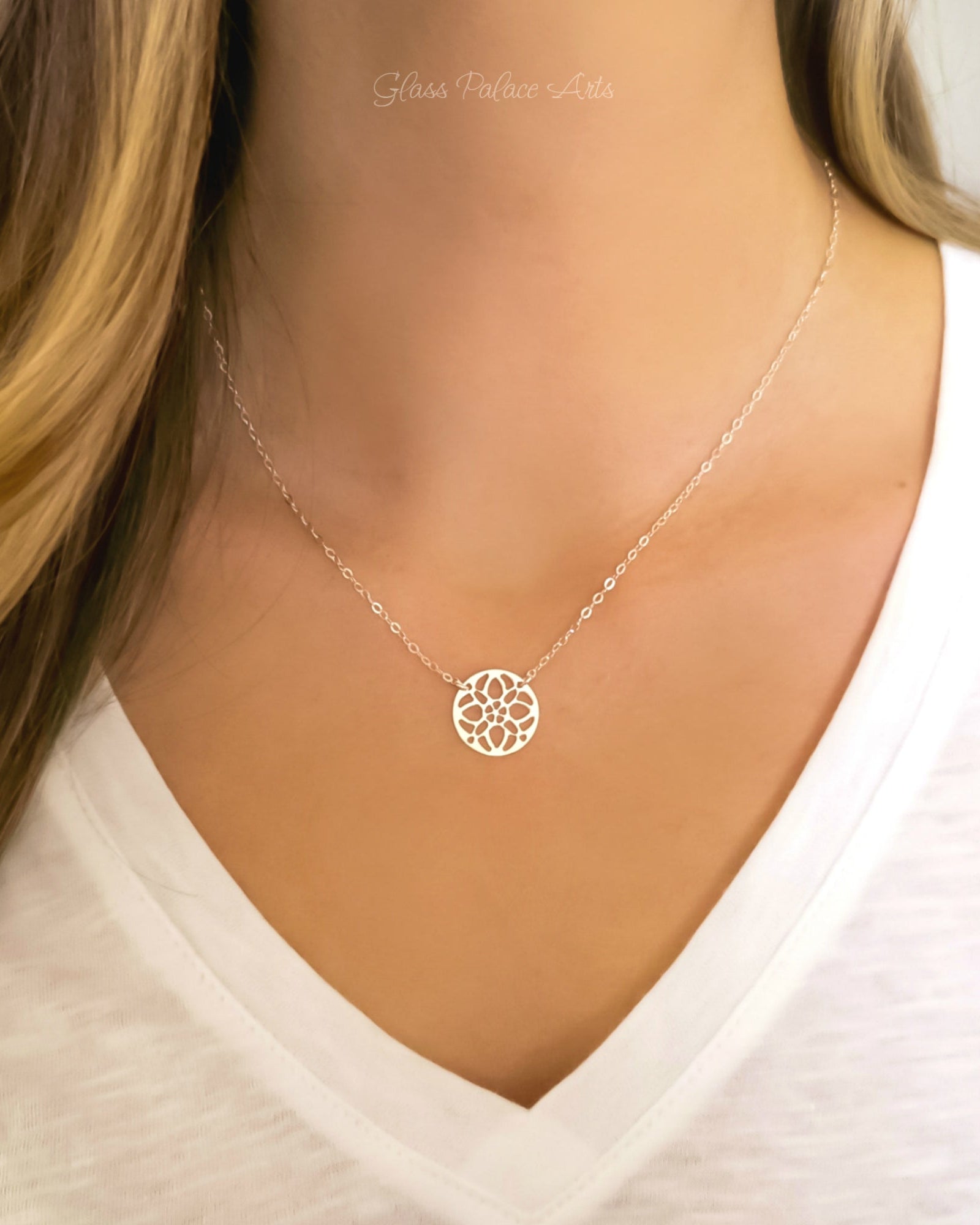 Sterling Silver Medallion Pendant Necklace For Women With Circle Filigree Pattern