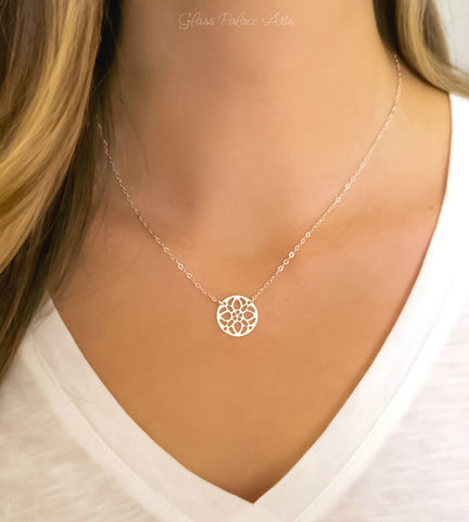 Sterling Silver Medallion Pendant Necklace For Women With Circle Filigree Pattern