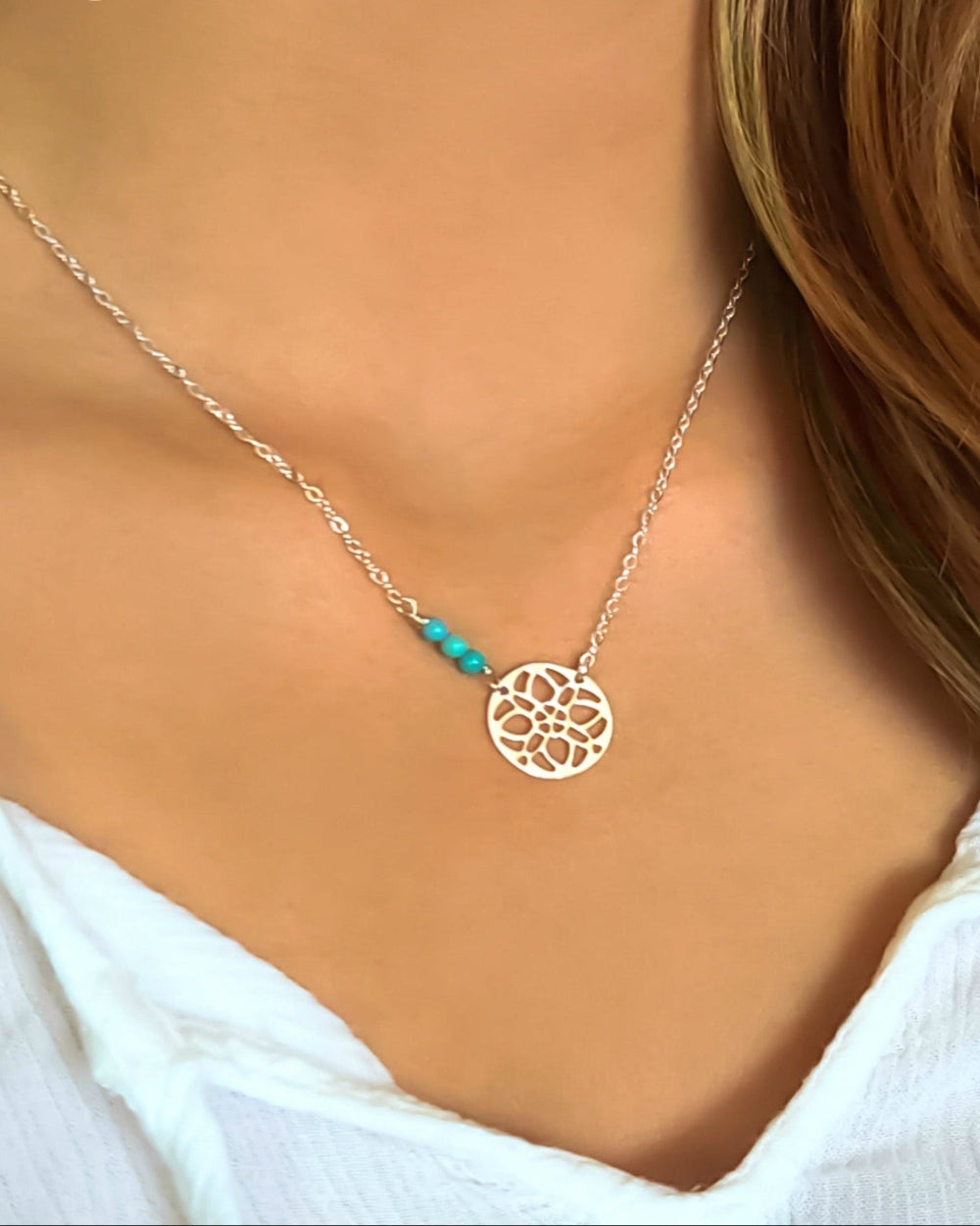 Beaded Turquoise Necklace With Sterling Silver Filigree Medallion