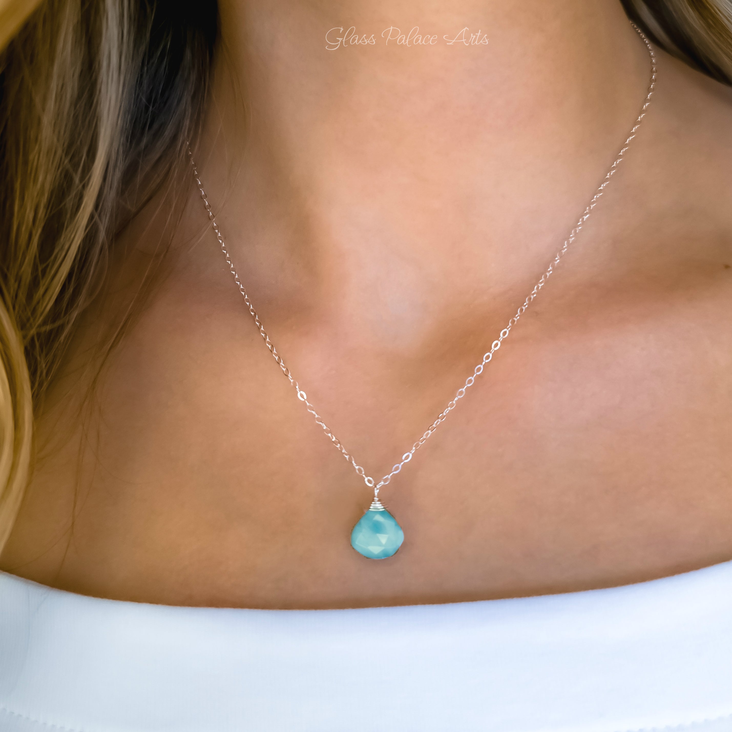 Larimar Necklace With Teardrop Pendant - 925 Sterling Silver, or 14k Gold Fill