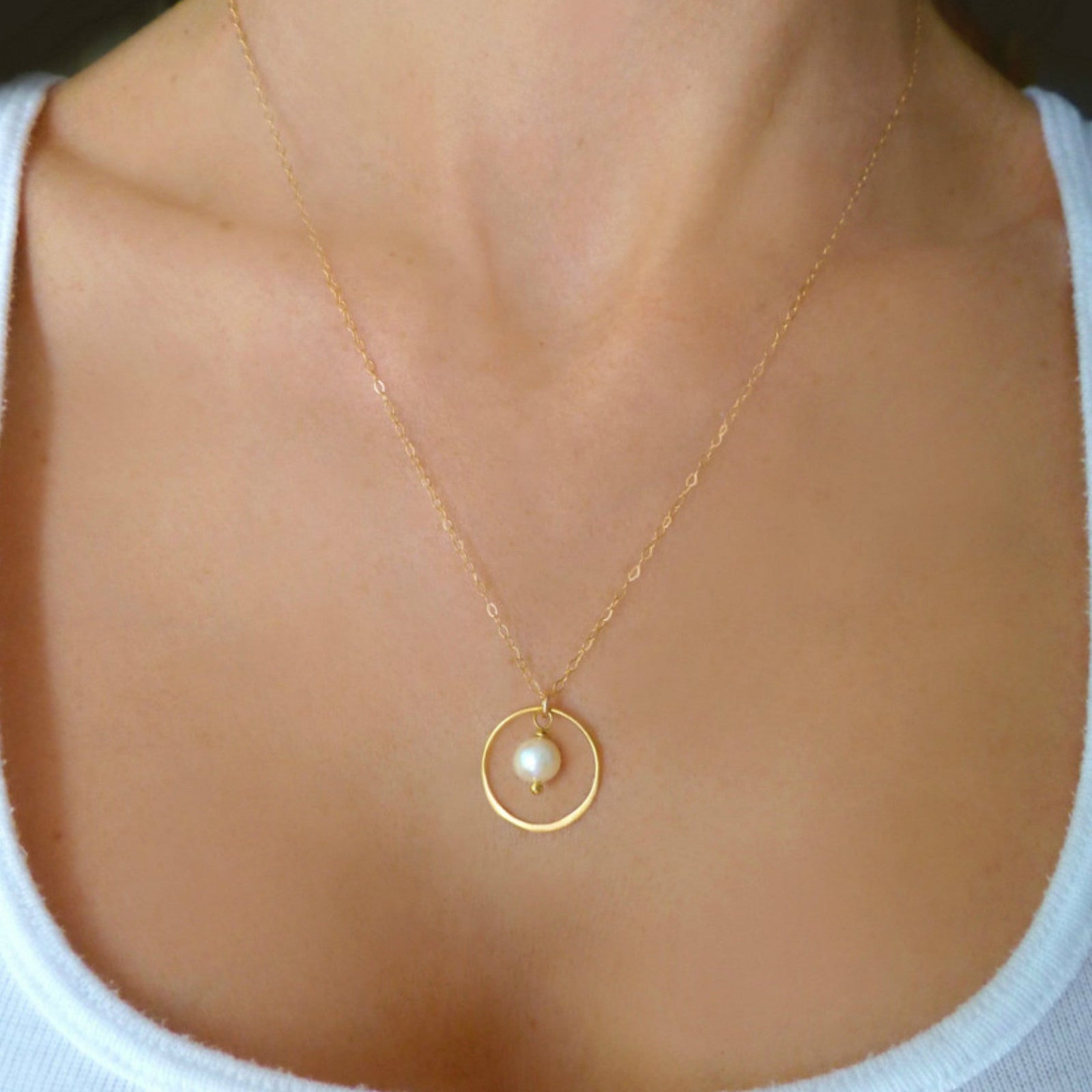 Gold Circle Necklace With Freshwater Pearl Pendant