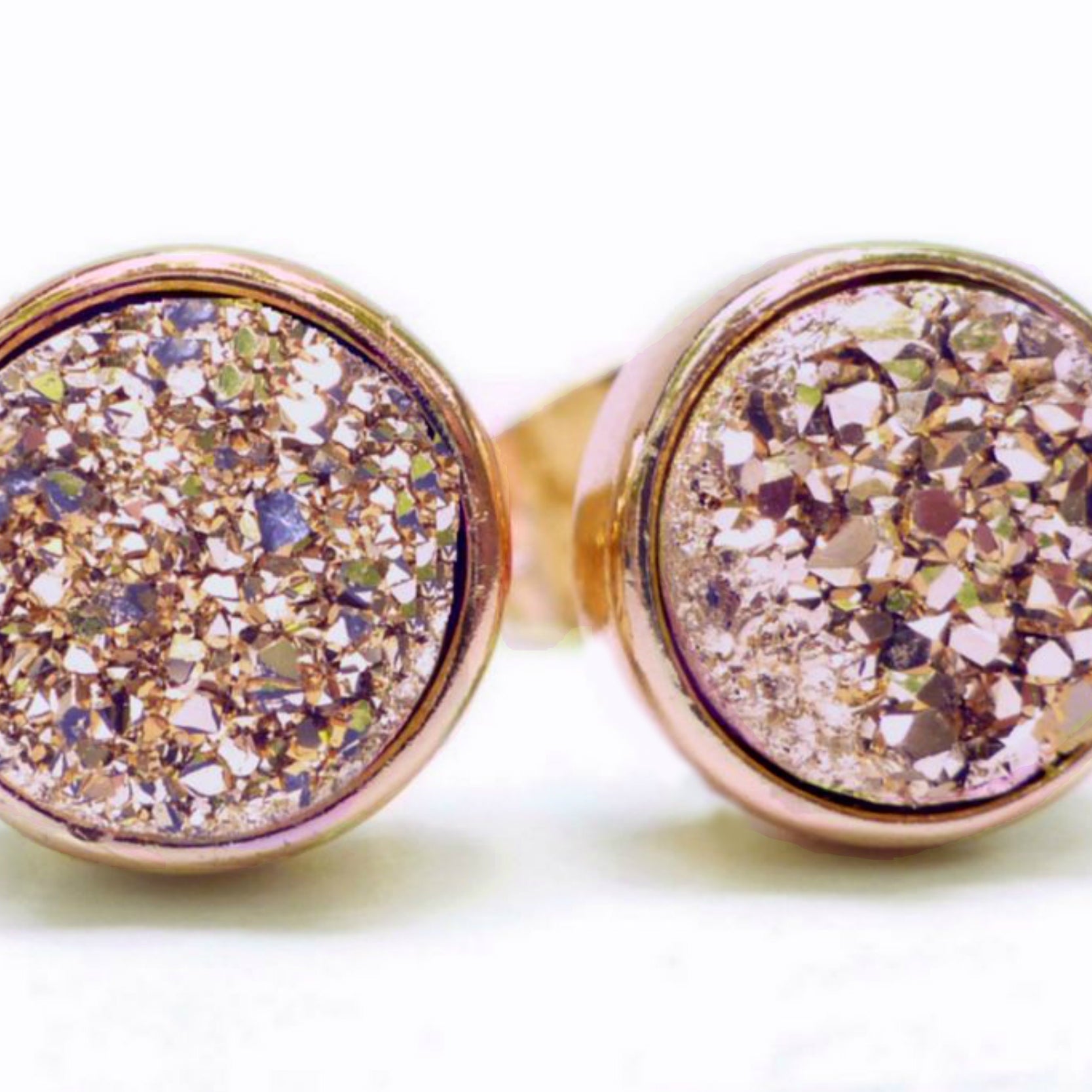Rose Gold Drusy Stud Earrings For Women 8mm