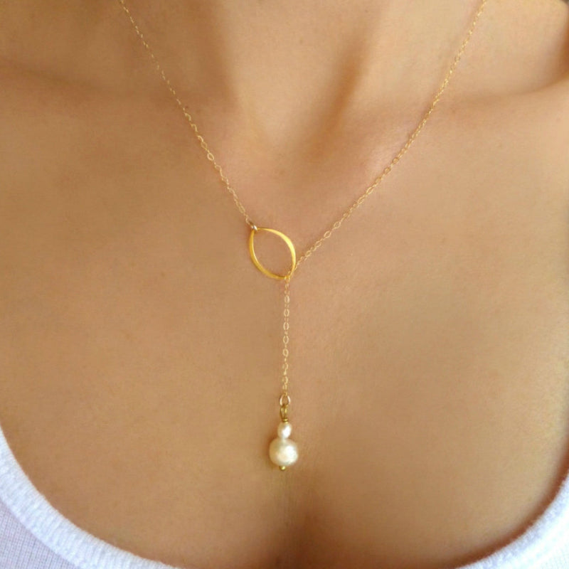 Dainty Freshwater Pearl Lariat Necklace With Marquise Pendant