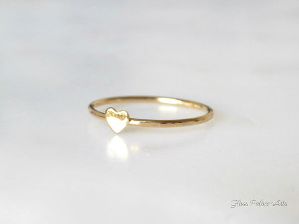 Tiny Heart Ring For Women Gold - Dainty Minimalist Hammered Stacking Ring