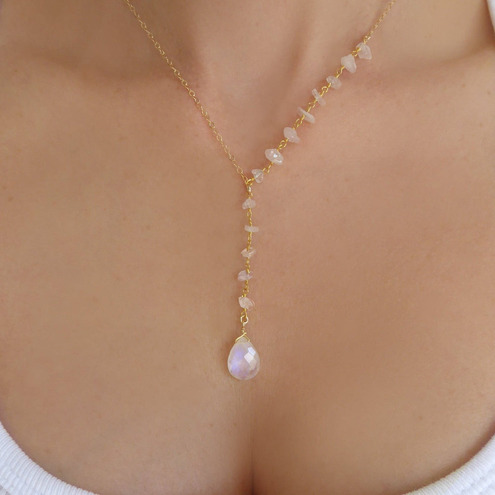 Gold Moonstone Lariat Necklace For Women
