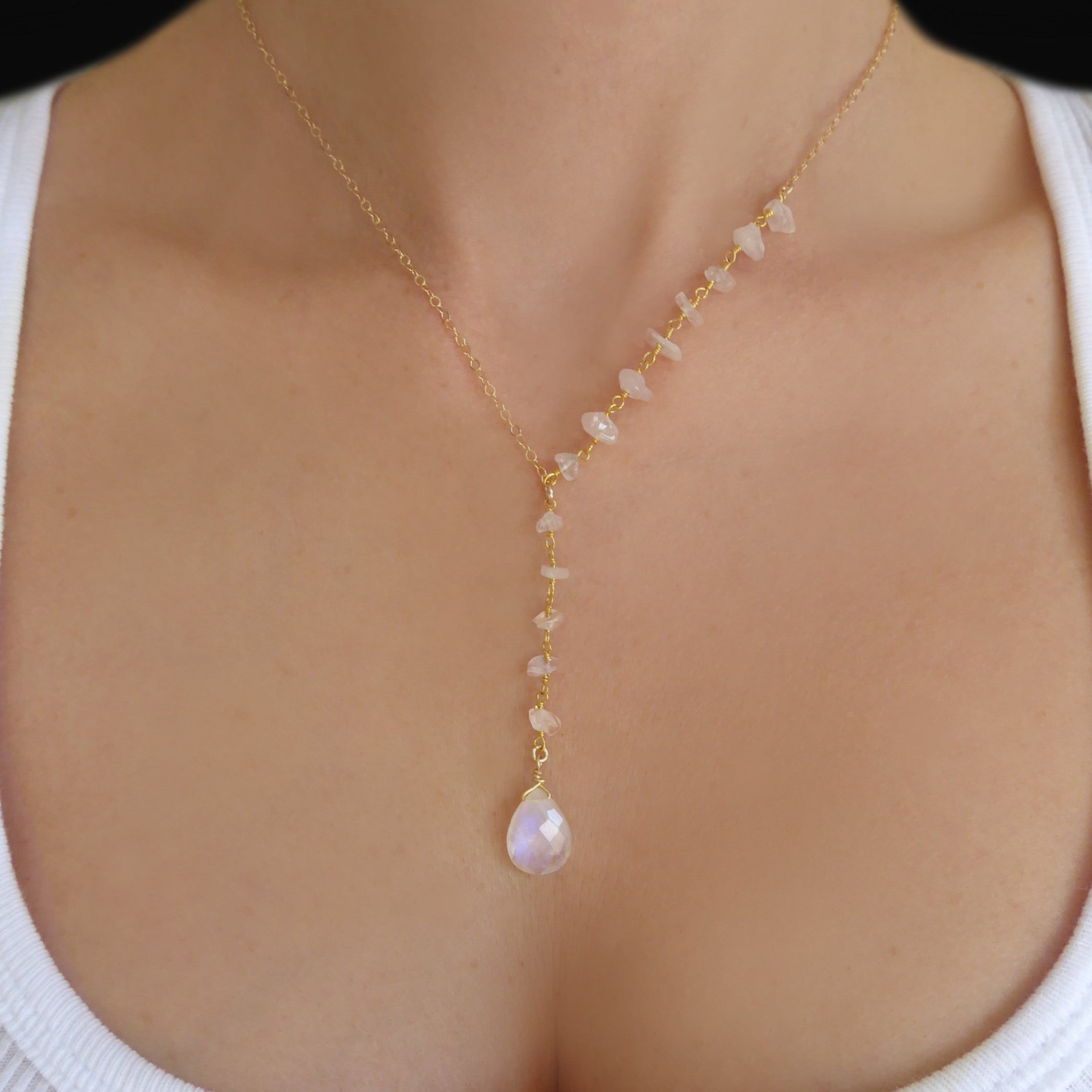 Gold Moonstone Lariat Necklace For Women