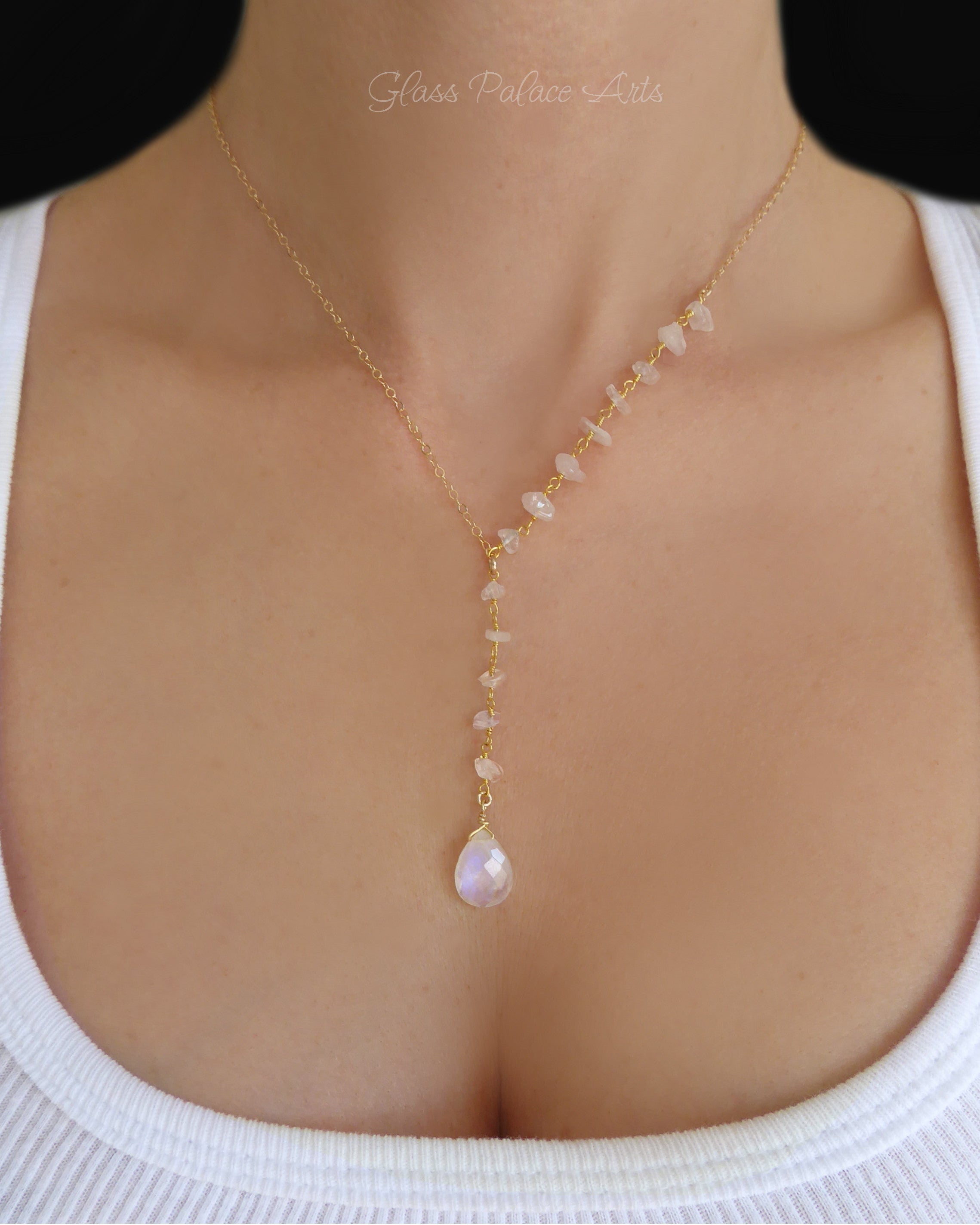 Gold Moonstone Lariat Necklace For Women