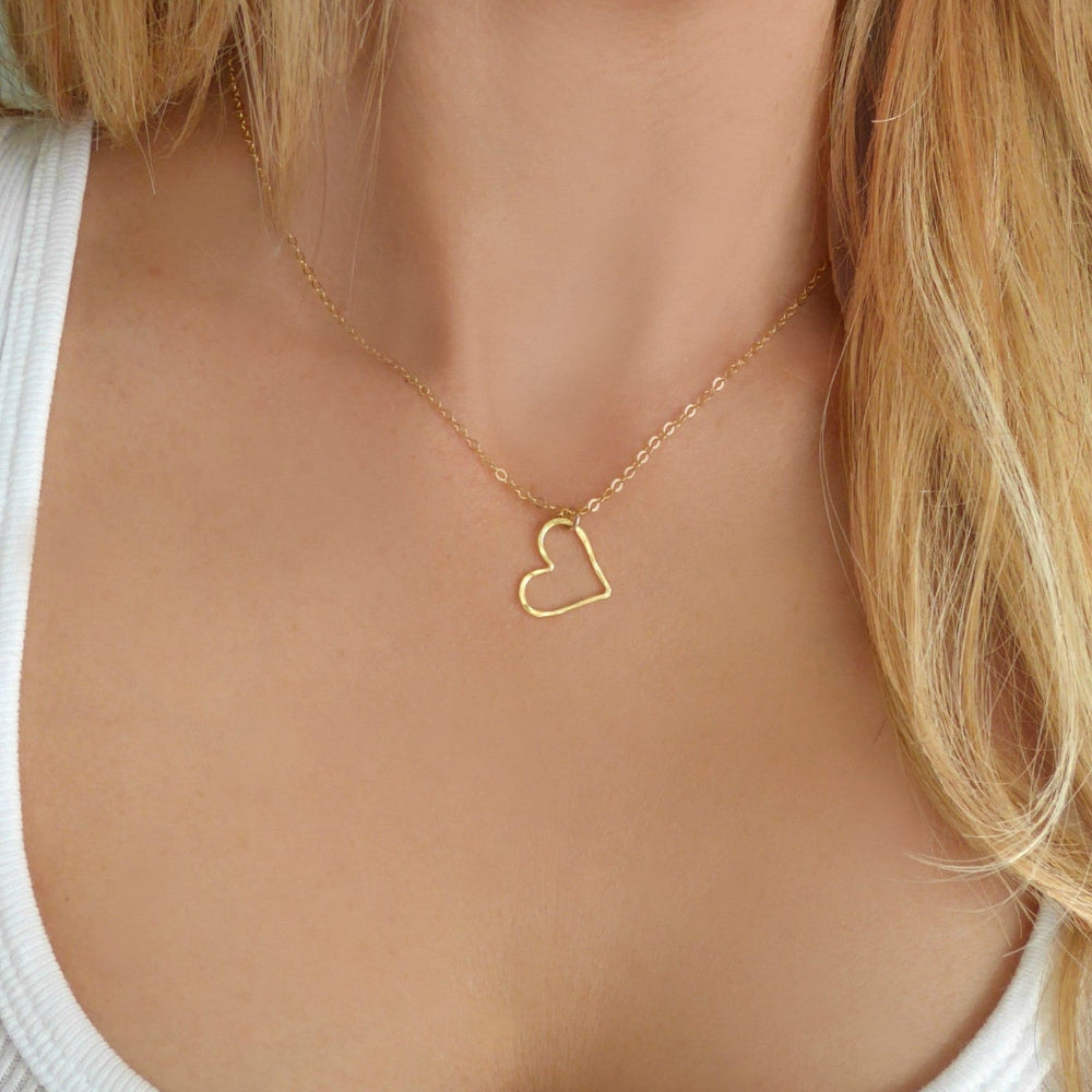 Floating Hammered Open Heart Necklace - Gold