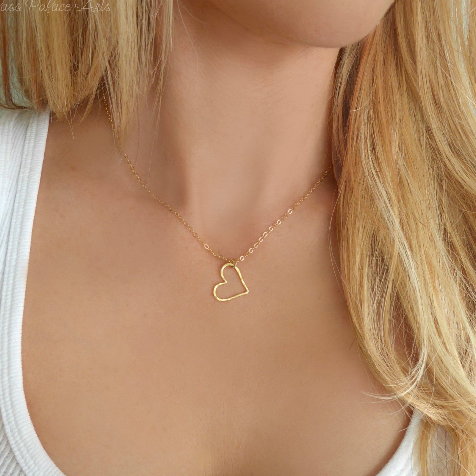 Floating Hammered Open Heart Necklace - Gold