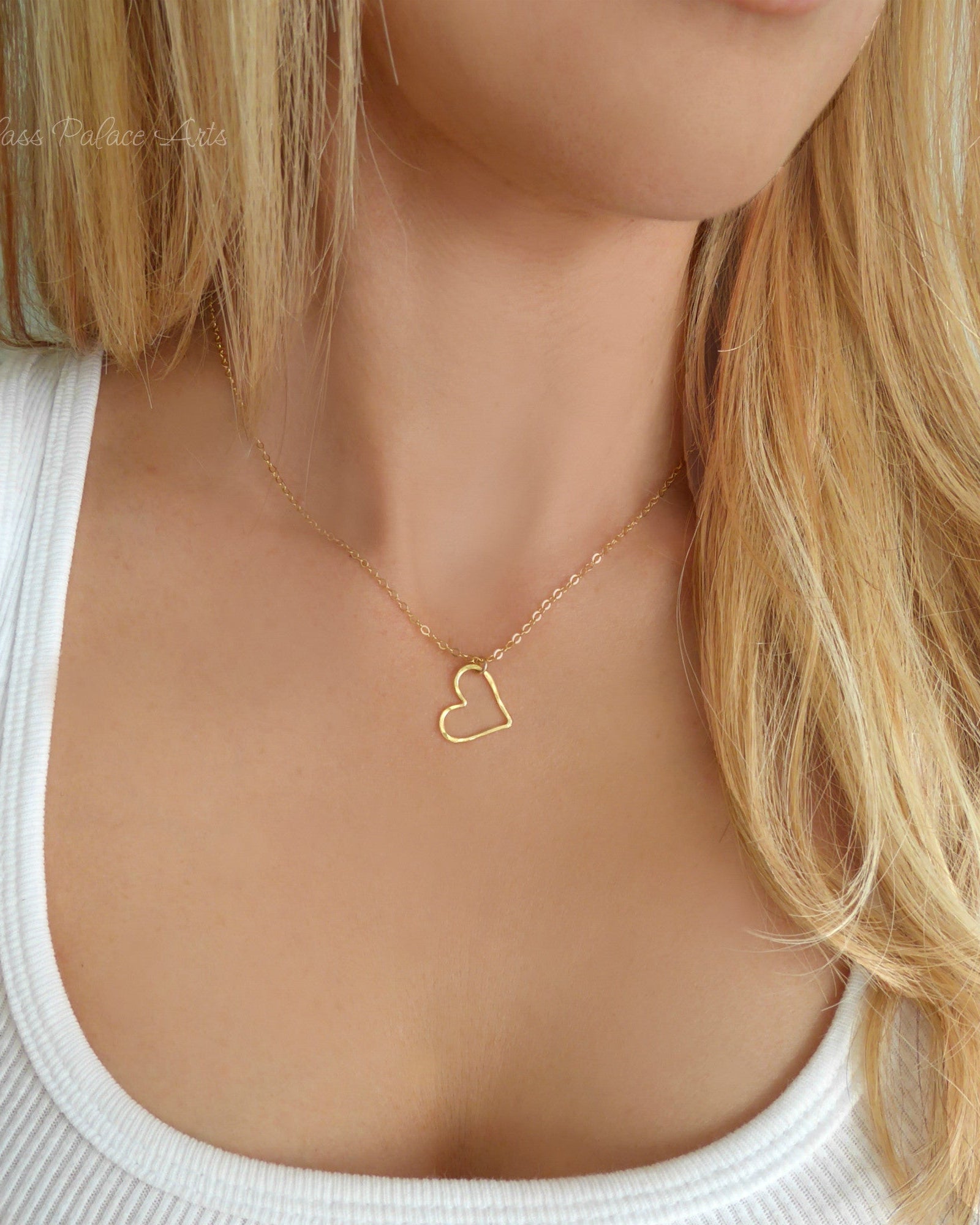 Floating Hammered Open Heart Necklace - Gold