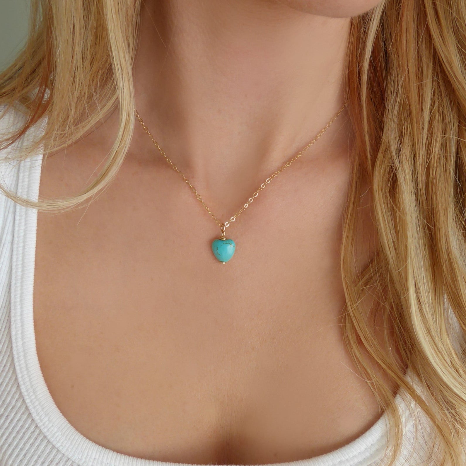 Tiny Turquoise Heart Necklace For Women - Sterling Silver, 14k Gold Fill