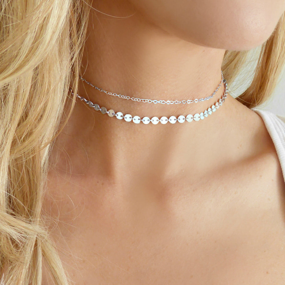 Sterling Silver Double Chain Choker Necklace Set