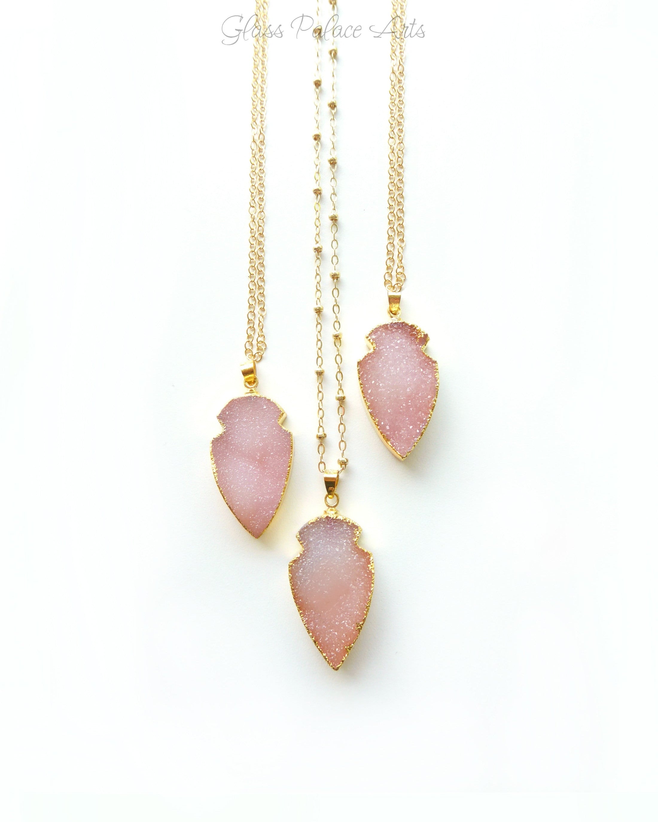 Pink Peach Druzy Pendant Necklace For Women 14k Gold Fill Chain