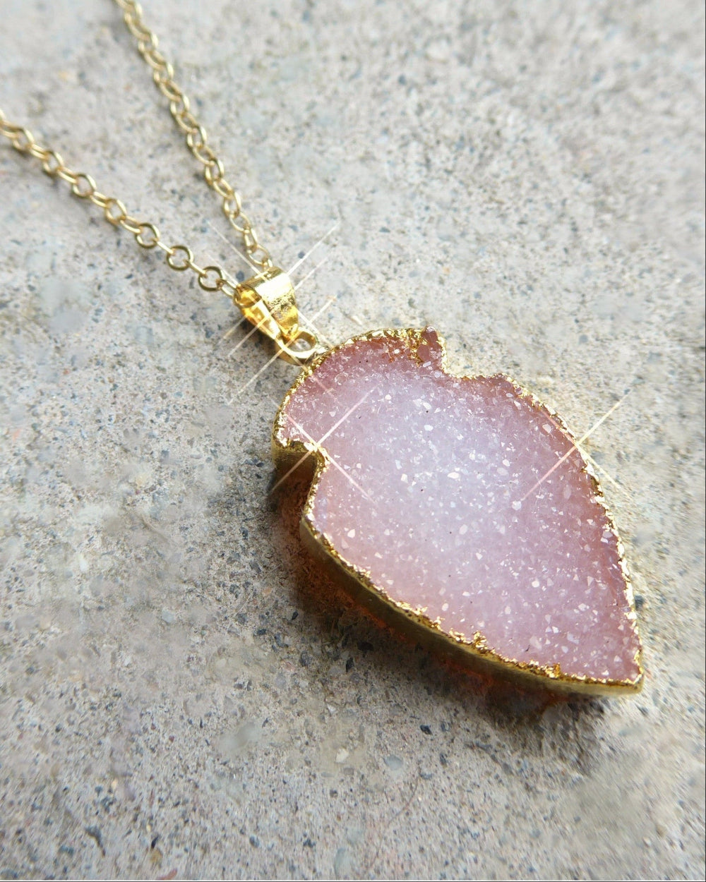 Pink Peach Druzy Pendant Necklace For Women 14k Gold Fill Chain